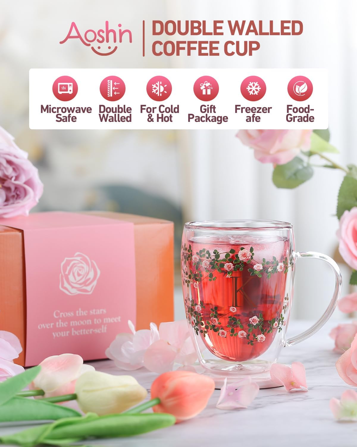 Initial Glass Cup for Women, 12oz Rose Double Walled Glass Coffee Mugs, Personalized Gifts for Women, Initial Coffee Tea Mug with Scarf, Birthday Wedding Gifts for Her Mom Teacher (ROSE-L) - Image 6