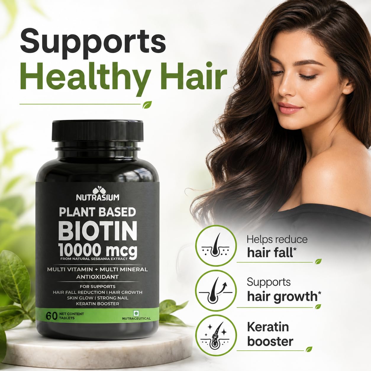 Nutrasium Biotin 10,000 mcg with multivitamin & Minerals | For supports Hair Growth | For Control Hair fall, Hair damge & Hair splitting | 120 tablets 3