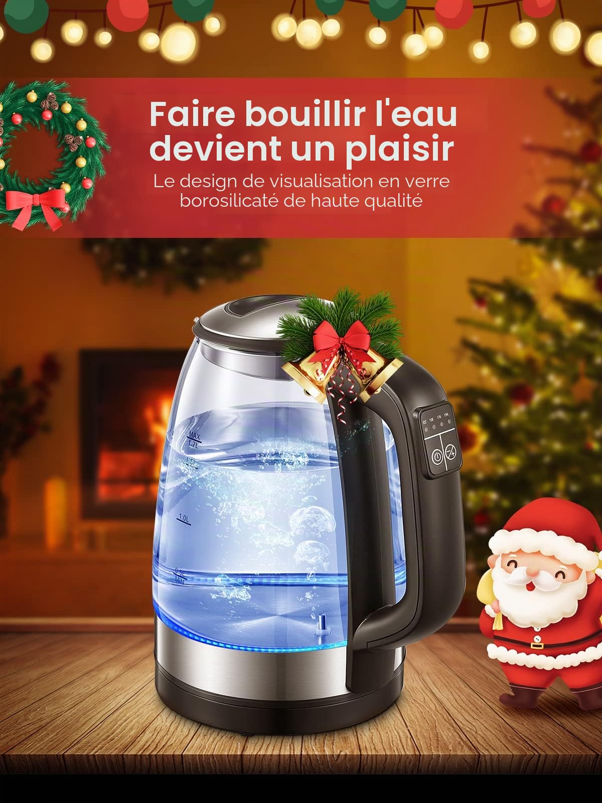 Bouilloire Électrique en Verre 1.7 L, FOHERE Thermostat Réglable 50-100°C, Fonction Maintien au Chaud, 5 Couleurs de LED, 2200W