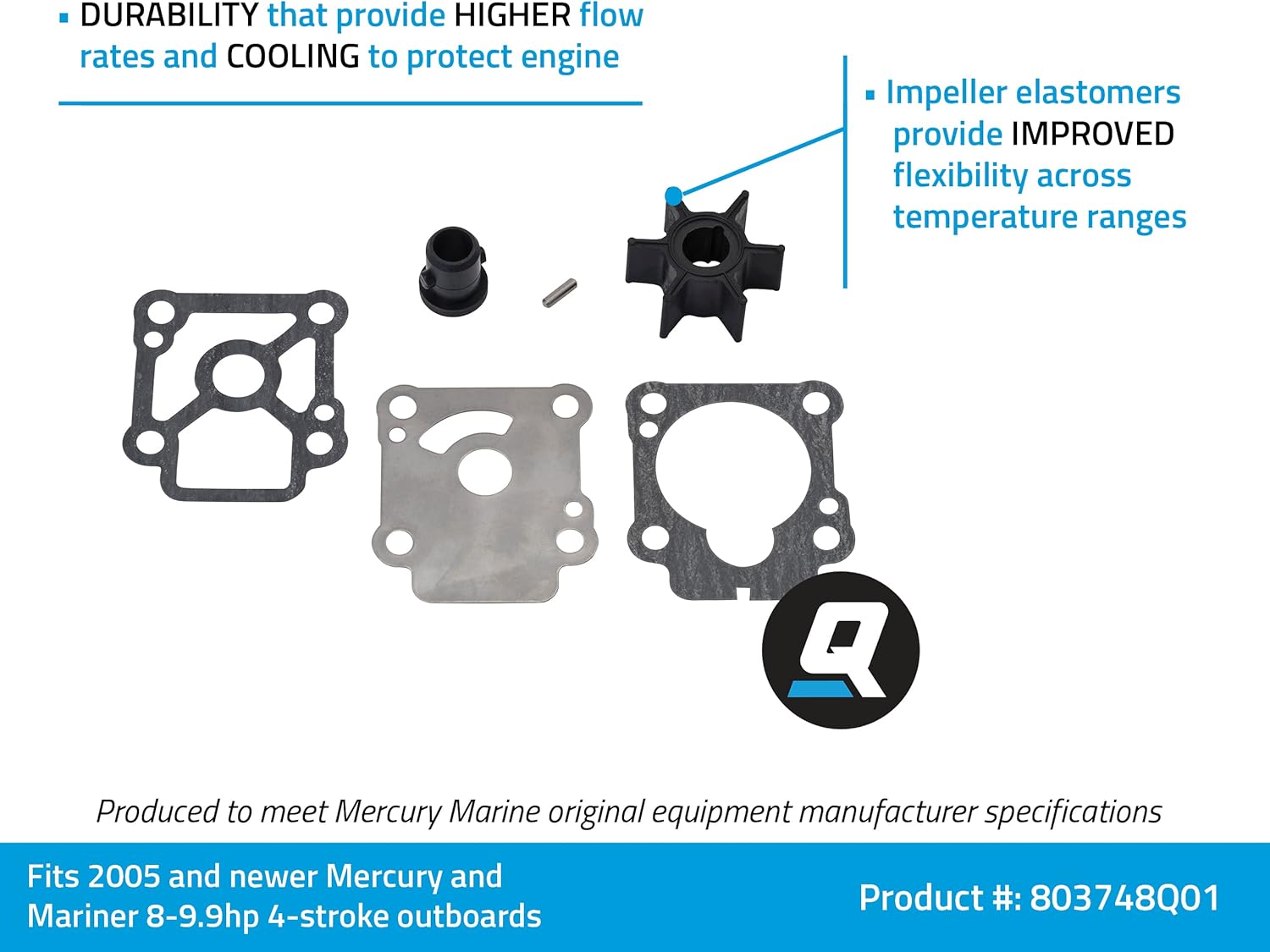 Quicksilver 803748Q01 Water Pump Impeller Repair Kit for Mercury and Mariner 8-9.9hp 4-Stroke Outboards