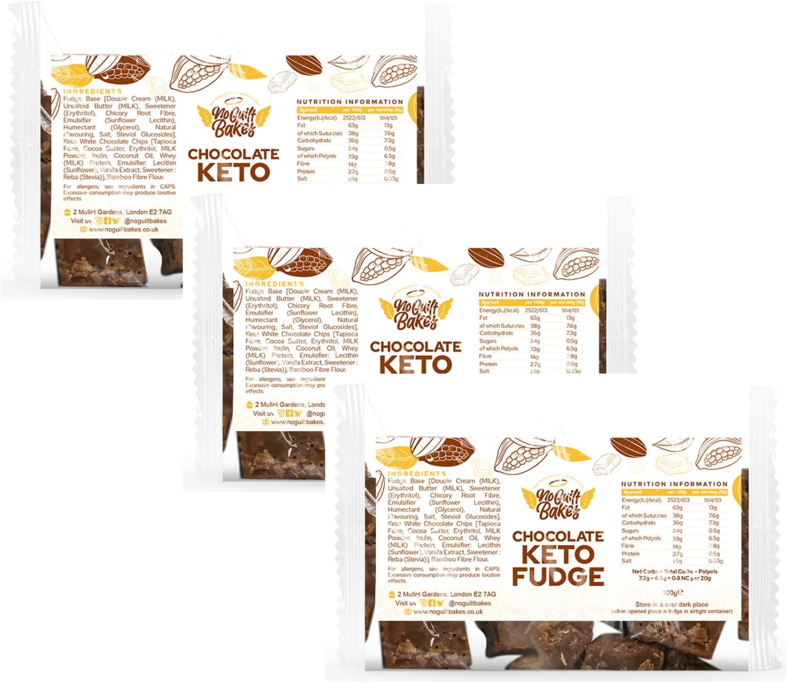 Chocolate Keto Fudge | No Guilt Bakes | Diabetic Sweets & Low Carb | No Added Sugars, Healthy Snack (100g, 3 Pack)