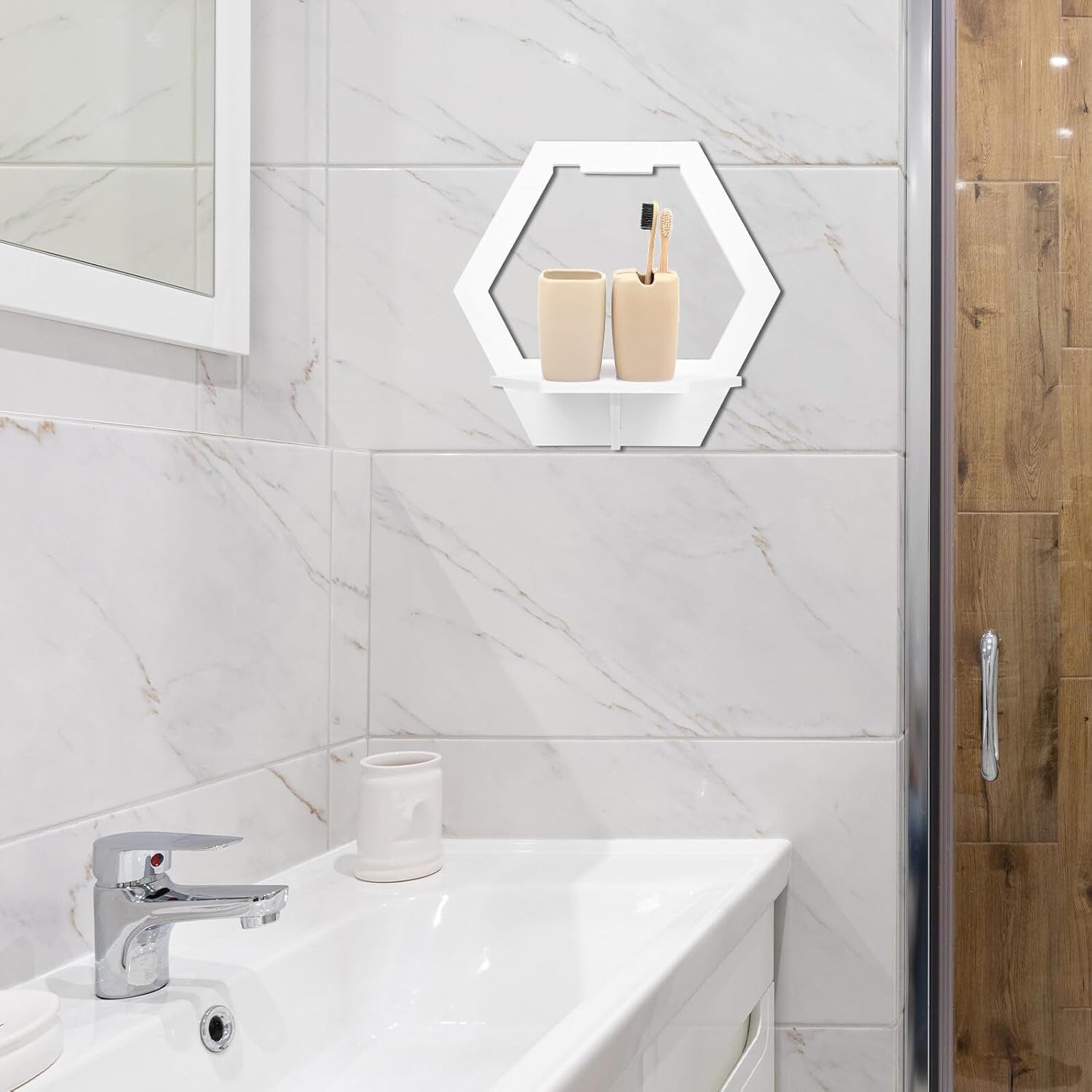 BETOOKY Wall-Mounted Hexagon Floating Shelf 2pcs Wooden Punch-Free Storage Rack Flowerpot Display Rack Home Decor Organizer for Bathroom Kitchen Living Room