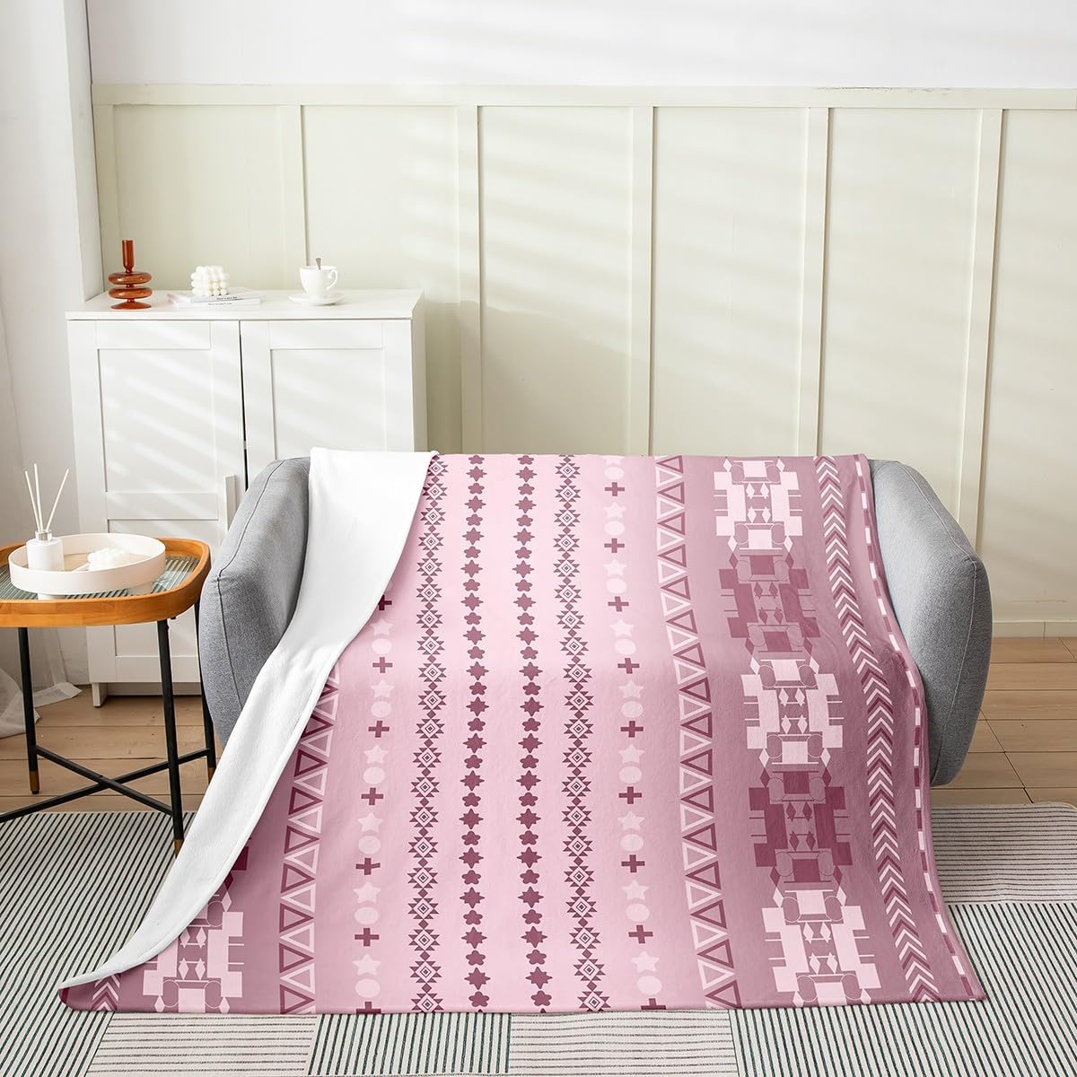 Castle Fairy Aztec Design Flannel Blanket,Rhombus Farmhouse Blanket for Children Present,Western Throw Blanket for Couch,Twin Size (60 x 80 Inch),Pink
