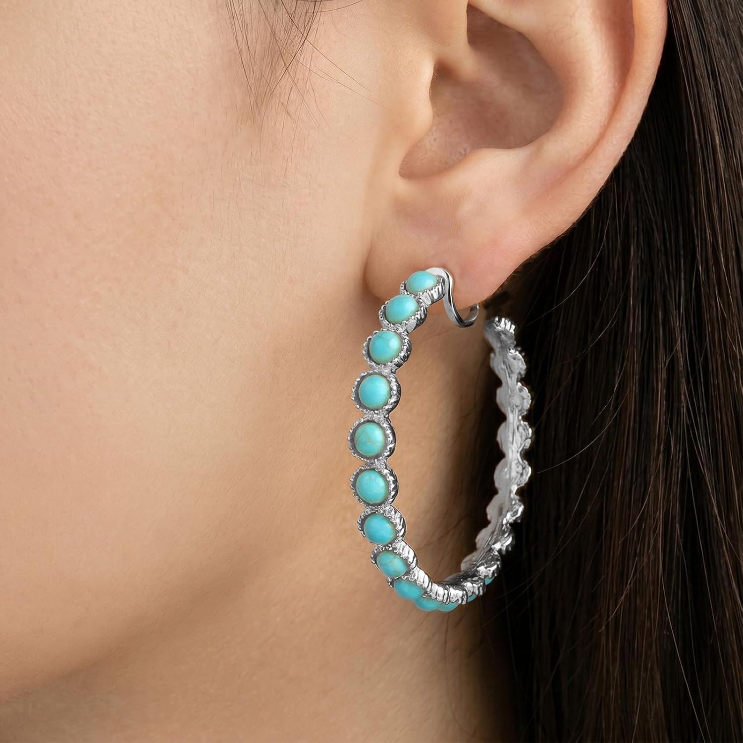Turquoise Clip On Hoop Earrings Gold and Turquoise Jewelry Silver Western Hoop Earrings Non-Pierced Western Accessories Country Concert Outfits for Women