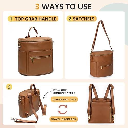 Miniatura 5 de miss fong Mochila de cuero para pañales con cambiador (regular + mini), Marrón, Miss Fong Mochila regular + mini bolsa de pañales