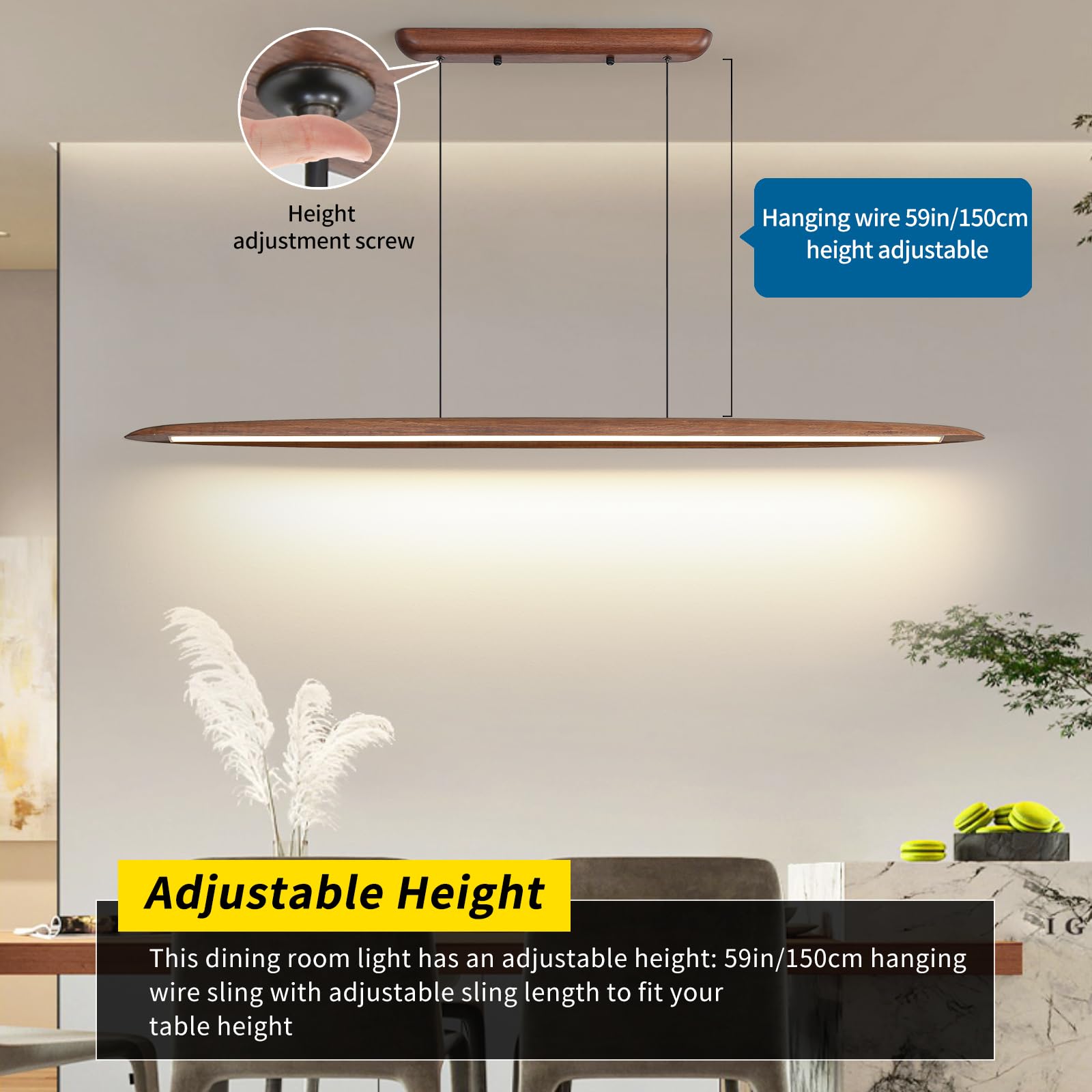 Mikeru Luce a Sospensione Lineare, 130cm Tavolo da Biliardo Luci 3000k/4500k/6000k Luci del Pendente Regolabili di Altezza 1.5metri 10%-100% Legno LED Dimmerabile Luce Del Pendente per Il Soggiorno