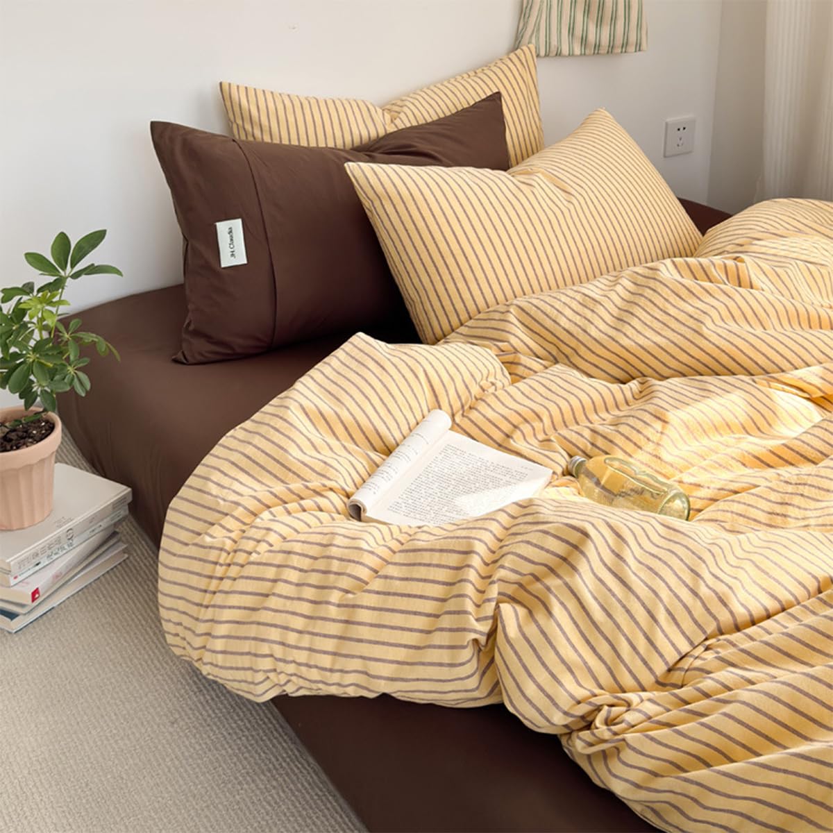 Sedefen Bettwäsche 135x200cm 4teilig Braun Gelb Gestreift Bettbezug aus Microfaser Geometrisch Streifen ÖKO-TEX Bettwäsche Set 2 Bettbezug mit Reißverschluss und 2 Kissenbezug 80x80cm