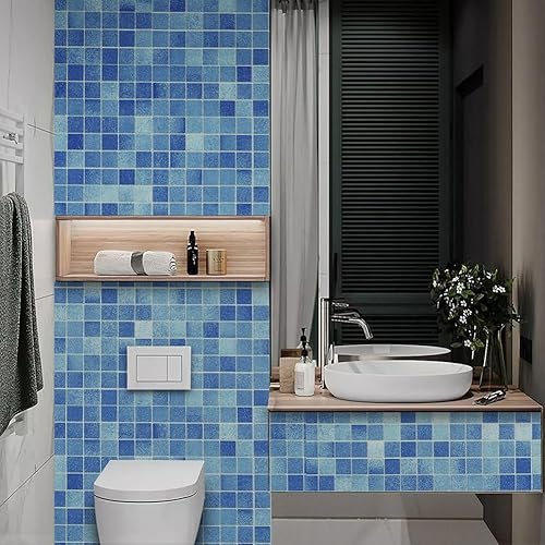 Miniatura 4 de J1379 - Papel tapiz de azulejos para despegar y pegar, 17.7 pulgadas x 9.8 pies, color azul, extraíble, autoadhesivo, revestimiento de estantes,