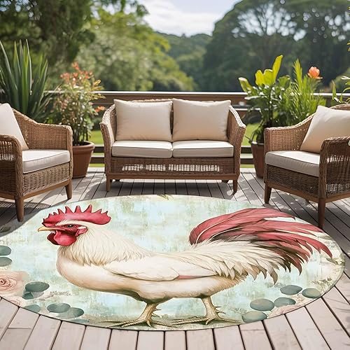 Miniatura 5 de 7ft Round Rug, Retro Rooster Non-Skid Rubber Backing Large Area Rugs - Living Room Bedroom Home Office, Watercolor Animals Spring Eucalyptus Leaves