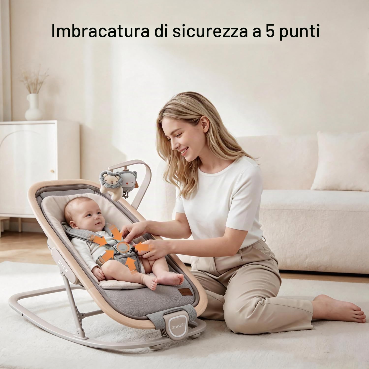 Gromast Sedia a dondolo 2 in 1 per neonati, dondolo portatile con 3 posizioni reclinabili, giocattoli da appendere e borsa da viaggio - Grigio chiaro