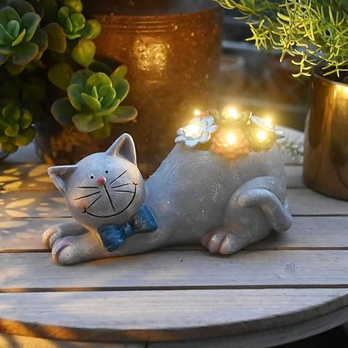 Figuras de jardín de gatos, decoración al aire libre, estatua solar con luces LED para patio, césped, patio, decoración artística, inauguración de