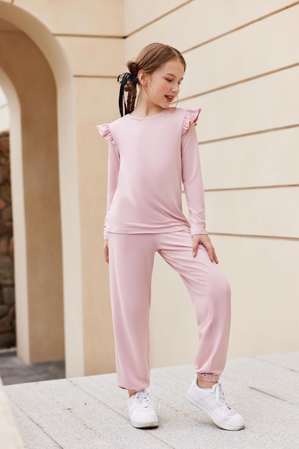 Arshiner Girls 2 Piece Outfits Long Sleeve Ruffled Tops and Pants Set image 3