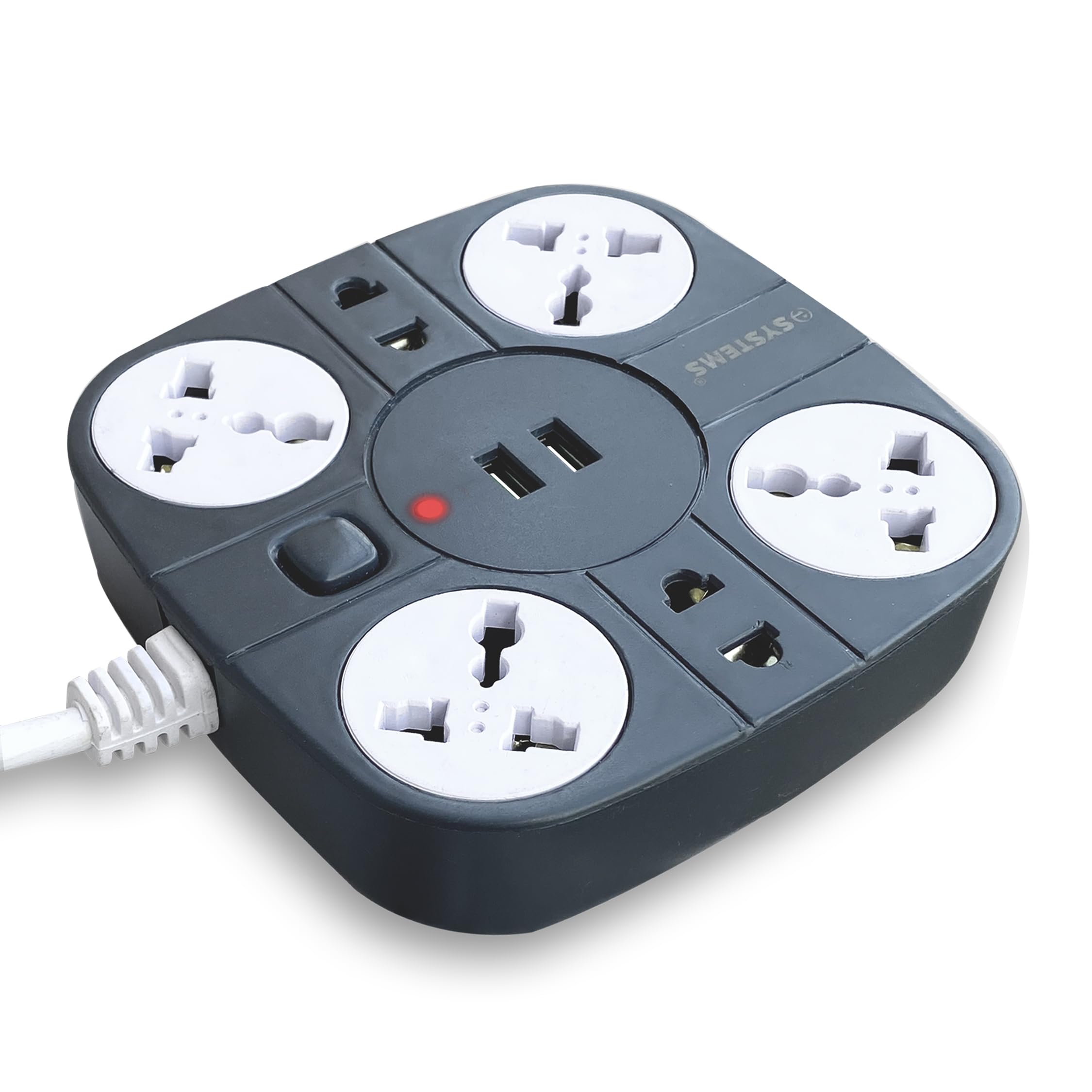 eSYSTEMS Extension Cord with USB Port, 10A 220 Volts [6 Socket Outlet with 2 USB Port] [Fire Flame Proof] [USB Charging Port] [2 Meter Cord] Multi Plug Extension Board- (Grey)