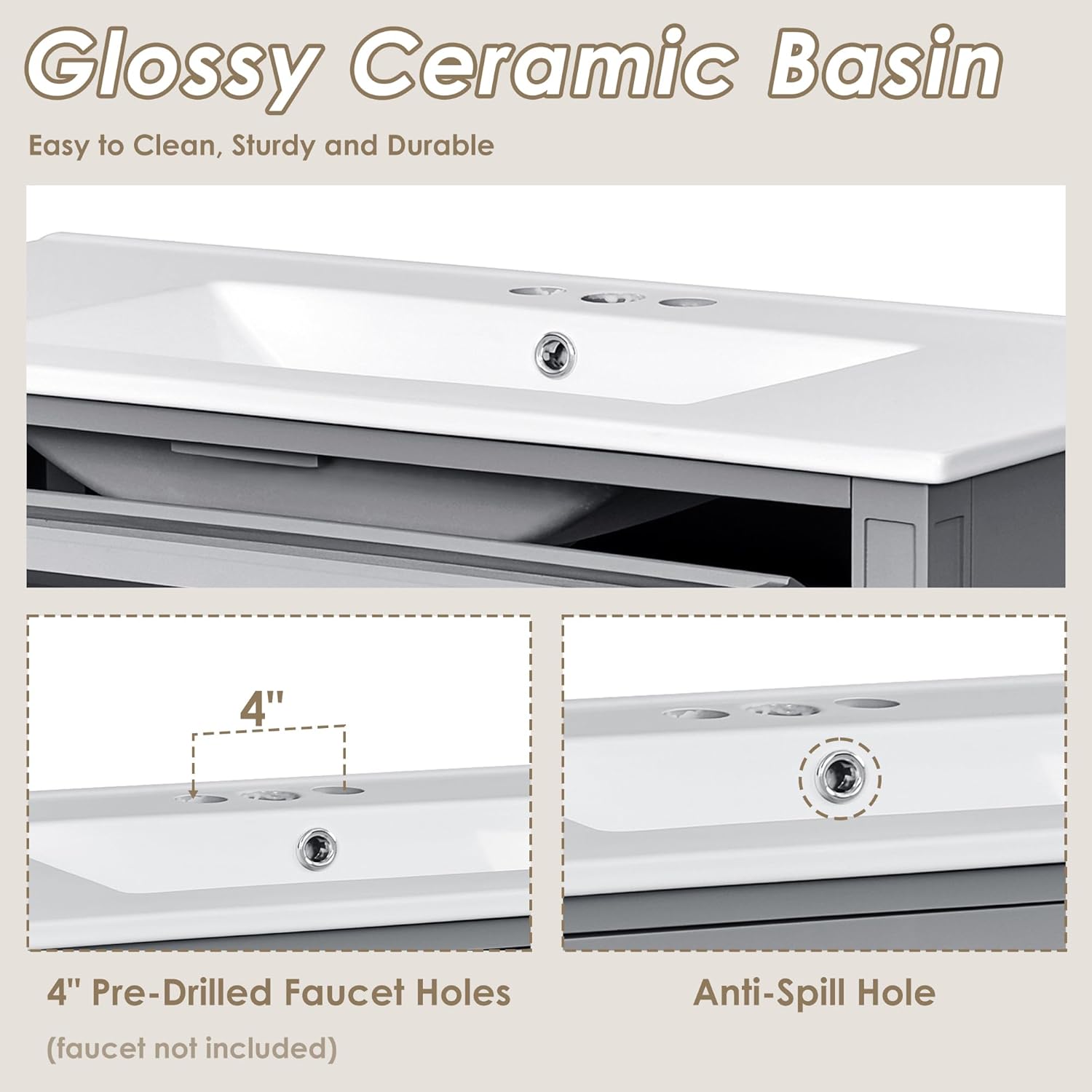 Close-up of Linique ceramic basin with pre-drilled faucet holes and anti-spill hole