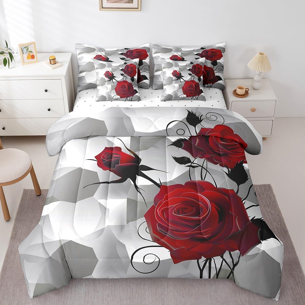 Feelyou Rose Comforter Set Full Size 7 Pieces, Girls Women Romantic Rose Floral Bedding Set for All Season, Red Flower Bed in a Bag with Comforter, Sheets, Pillowcases & Cushion Cover