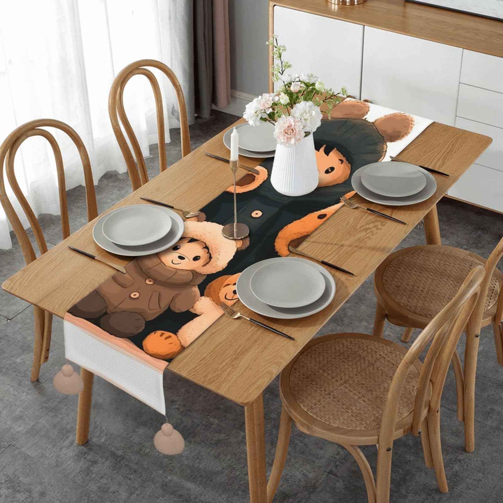 Chemin de table en lin rustique 35,6x152,4 cm nappe cuisine et pampilles