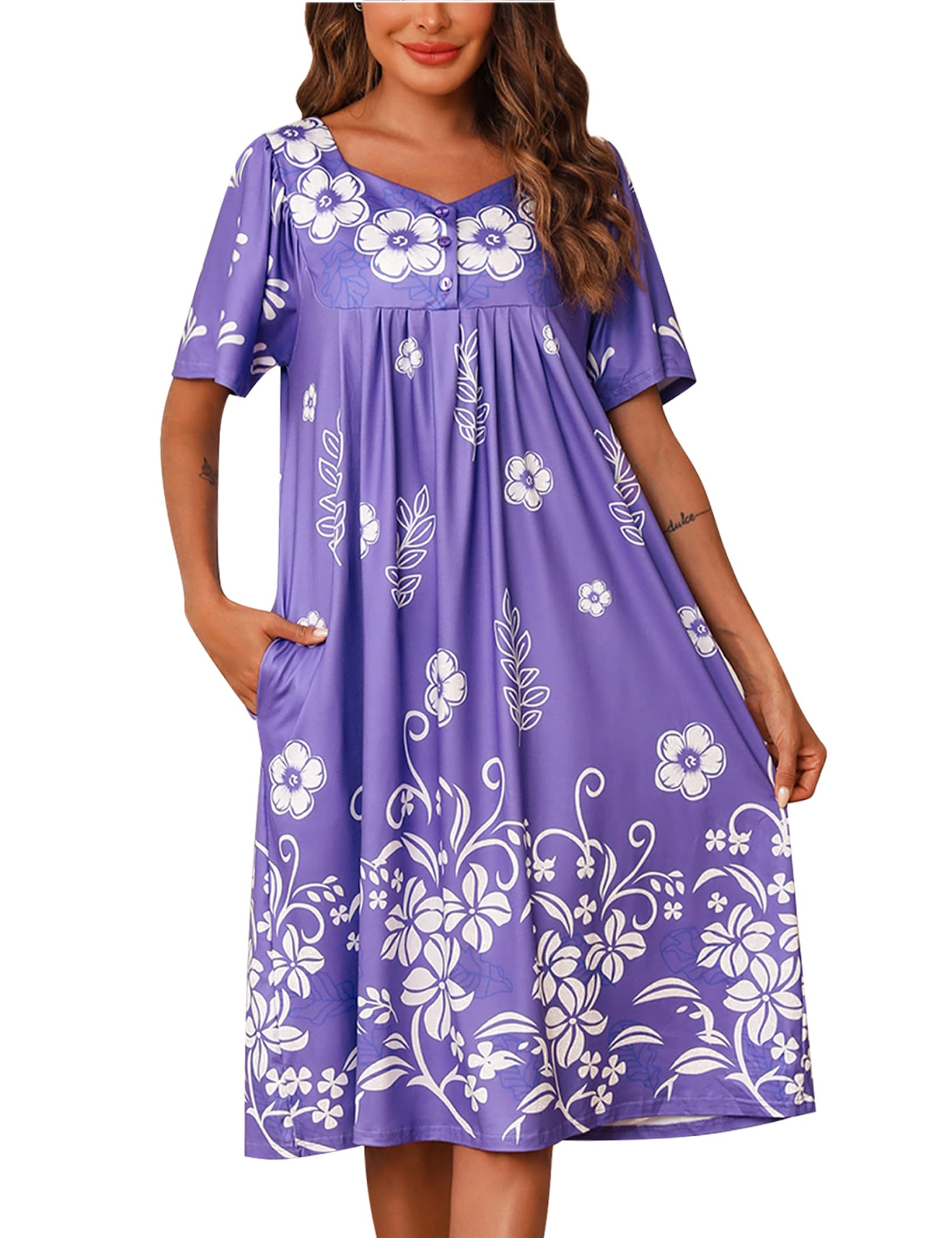 Marvmys Women House Dress with Pocket Mumu Nightgowns Short Sleeve Moomoo Dresses Sleepwears