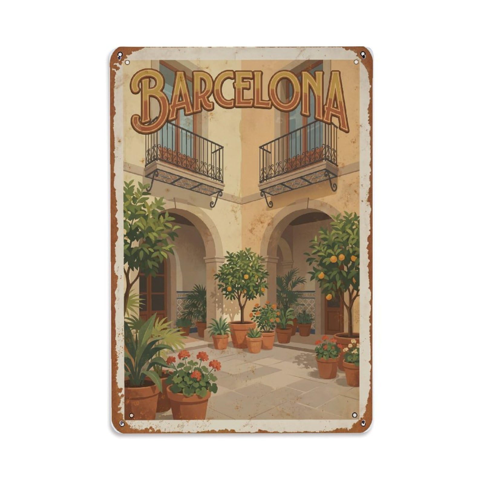 Fqnyr Style Vintage Travel Courtyards Spain Shaded Metal Tin Sign Plaque Wall Decor For Cafe, Club Bar, Office, Home Garden Metal Poster 8X12inch