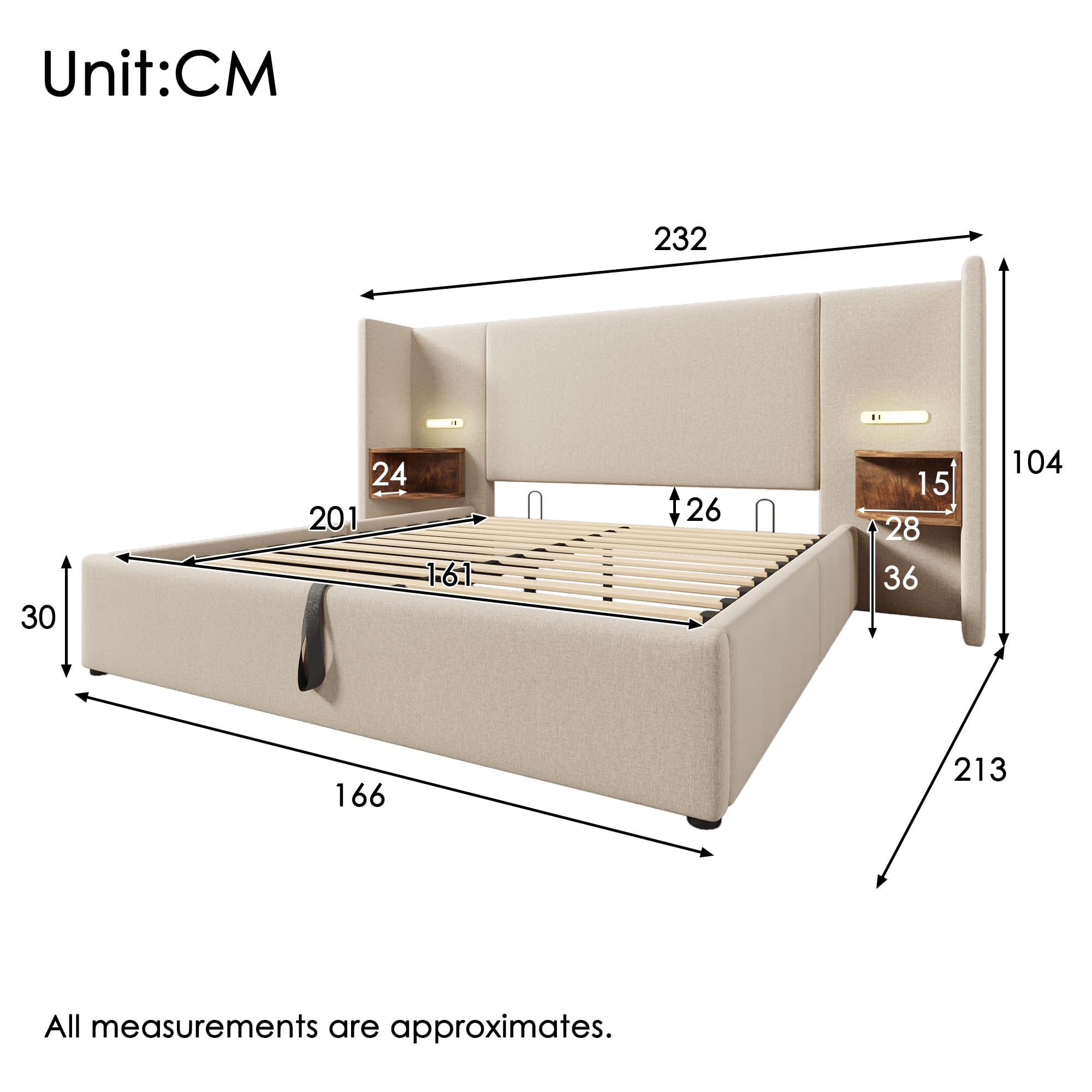 Lit double rembourré, 160 x 200 cm, avec table de chevet, lampe de lecture et fonction de charge USB type C, tête de lit, système de rangement, sommier à lattes en métal, lin (beige, 160 x 200