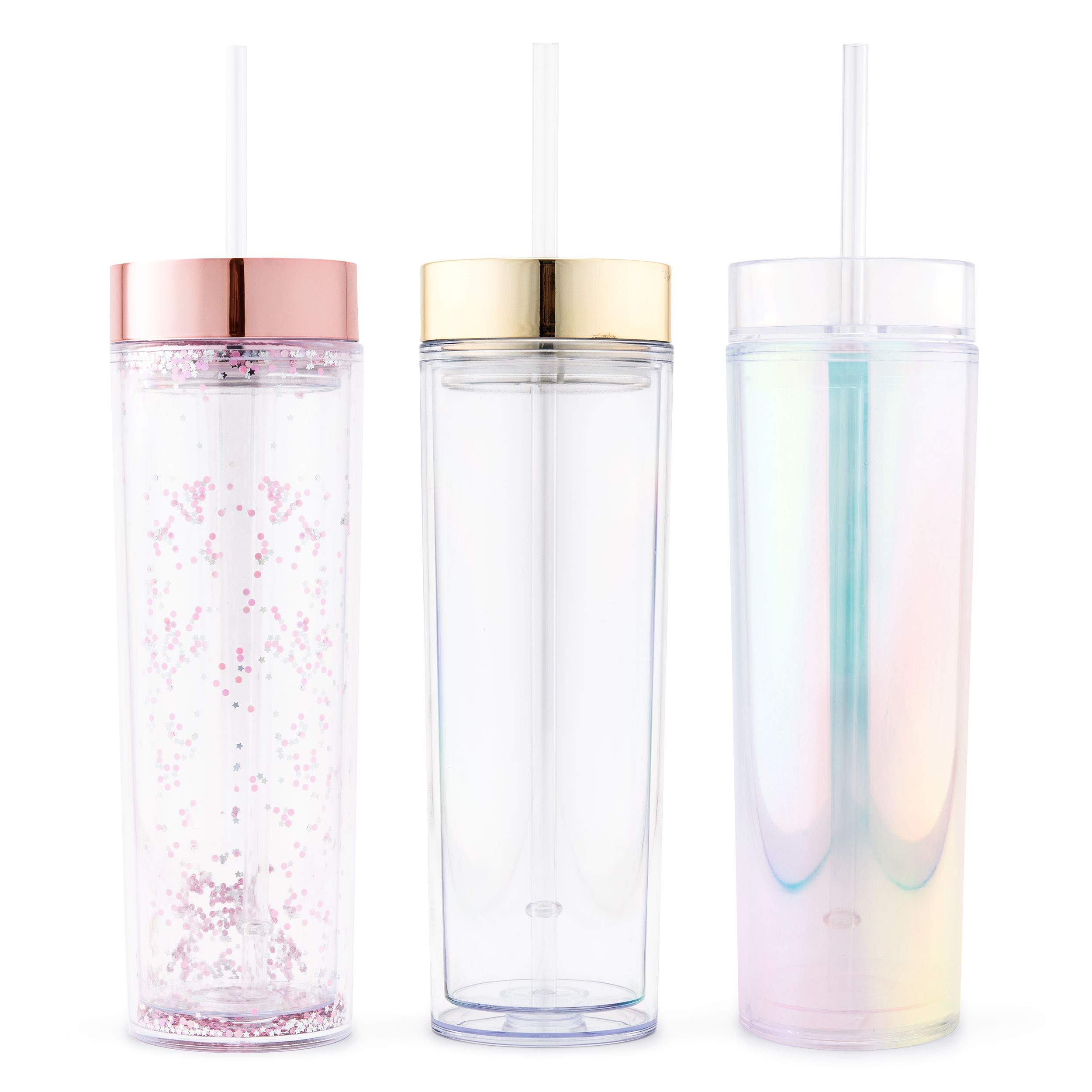 WEDDINGSTAR Reusable Water Bottle 16 Ounce – Customizable Eco-Friendly Plastic – 100% BPA-Free Personalized Transparent Party Cup with Straw (Iridescent, Blank)