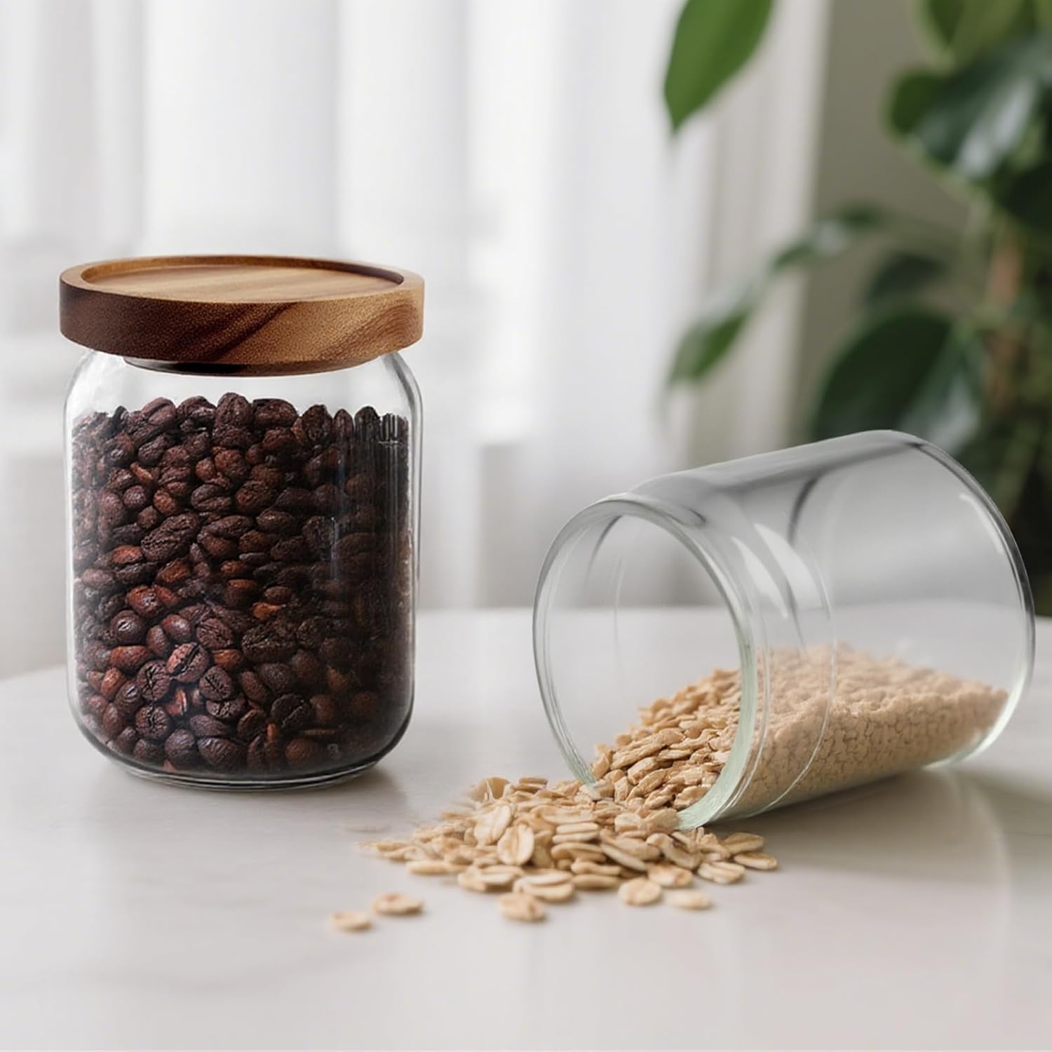 16 Pcs 17 oz/500 ml Glass Canister with Lids Clear Airtight Sealed Storage Jars Borosilicate Glass Pantry Kitchen Food Containers for Serving Spice Sugar Candy Beans Nuts Coffee Tea (Wood)