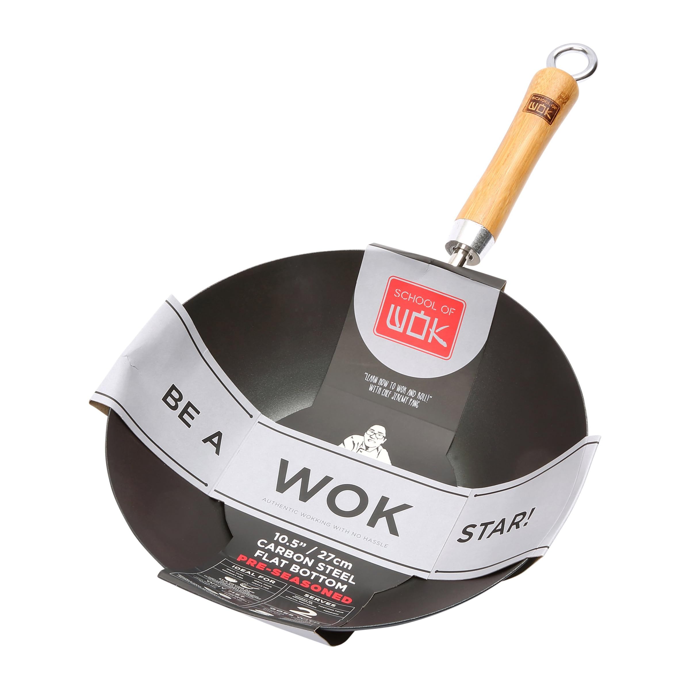 School Of Wok Flat Bottom (Pre-Seasoned) Dexam 10.5"/27Cm Pre-Seasoned Carbon Steel Wok