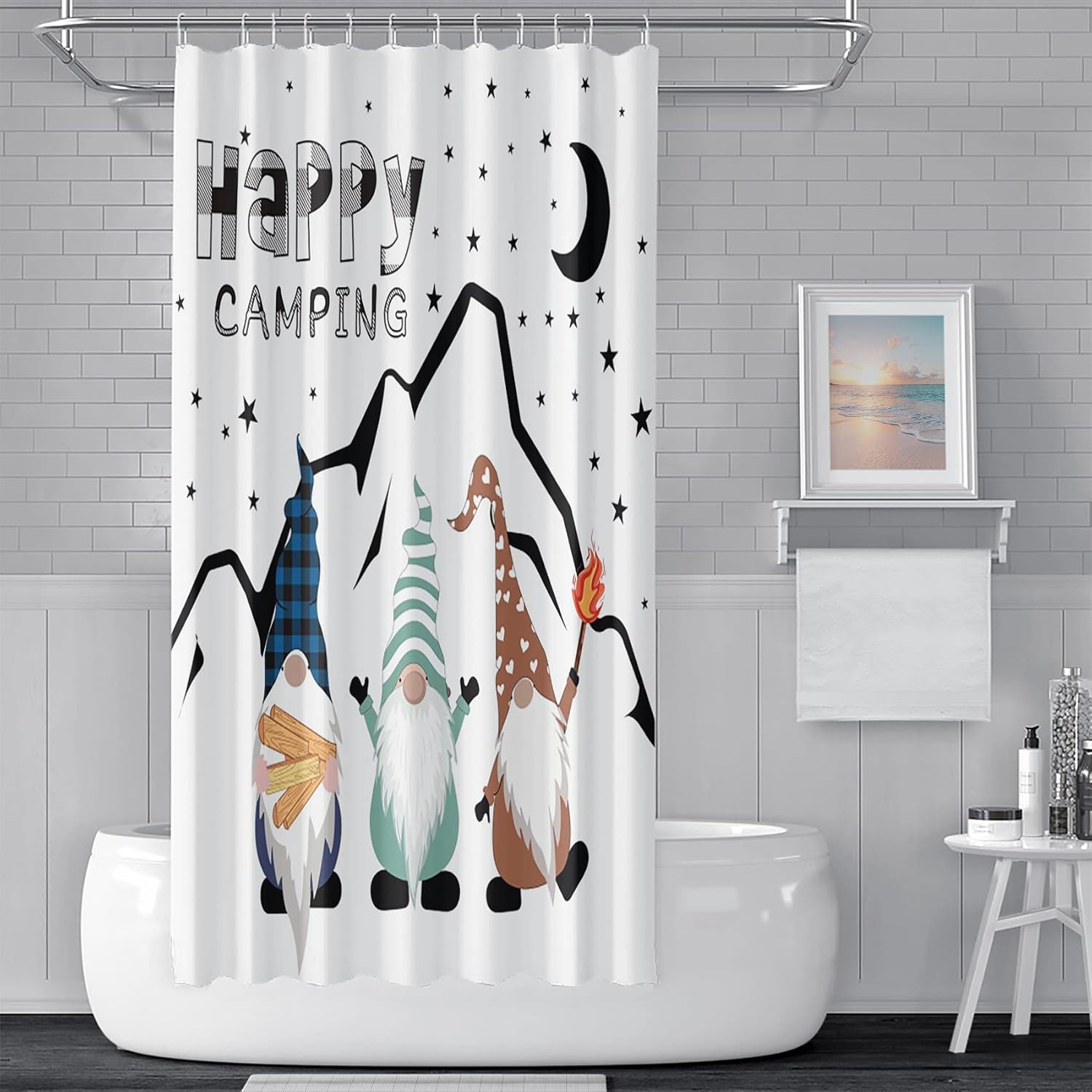 Yeele Cute Gnome Shower Curtain Black Night Shining Stars Mountain Shower Curtain Happy Camper Holiday Vacation Light a Fire Bathroom Curtain with 12Hooks,72x96in