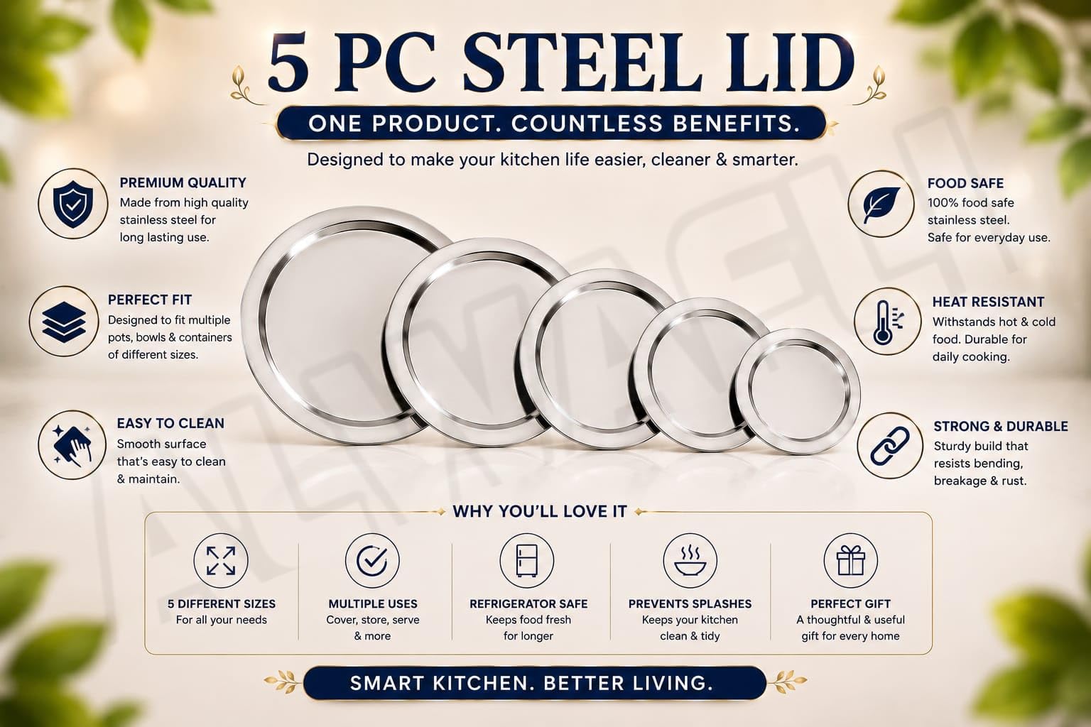 Stainless Steel Lid Set - 5 Piece Dhakan Covers -5