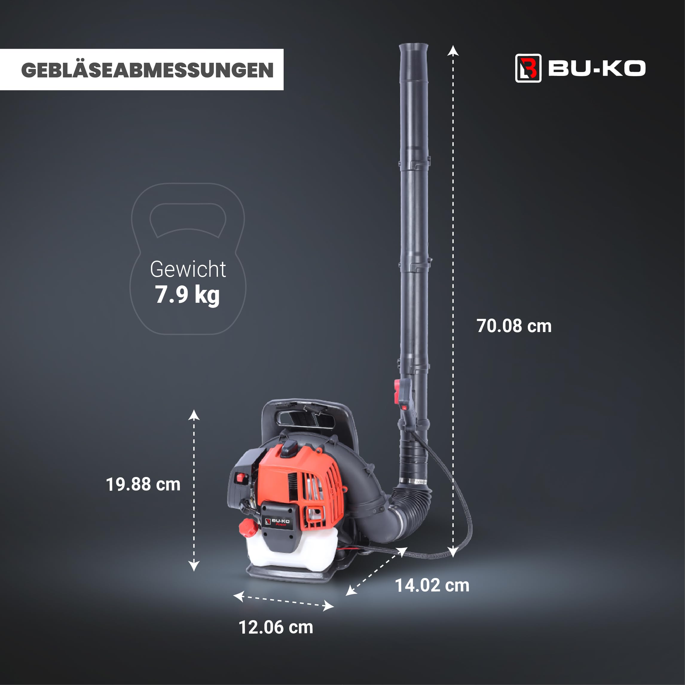 BUKO 52CC Benzin laubbläser rückentragbar Kraftvoller 2 Takt Luftgekühlter laubbläser Benzin Motor Leichtgewichtler, verbesserten rücken gepolsterten Tragriemen laubgebläse