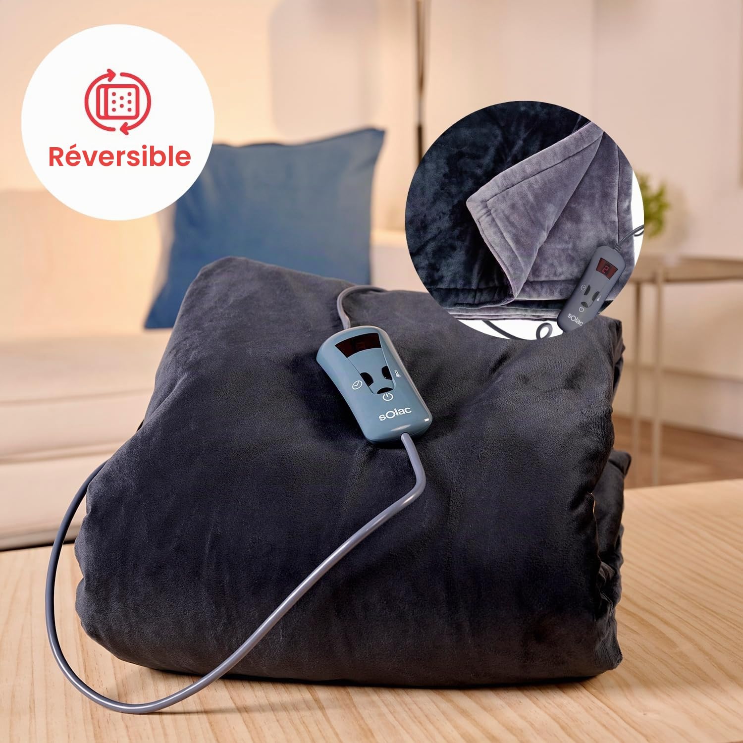 Solac CT8608 Reykjavik - Couverture chauffante électrique, 180W, 10 températures, en flanelle, connecteur amovible, lavable, minuterie de 9h, anti surchauffe, 140x180cm