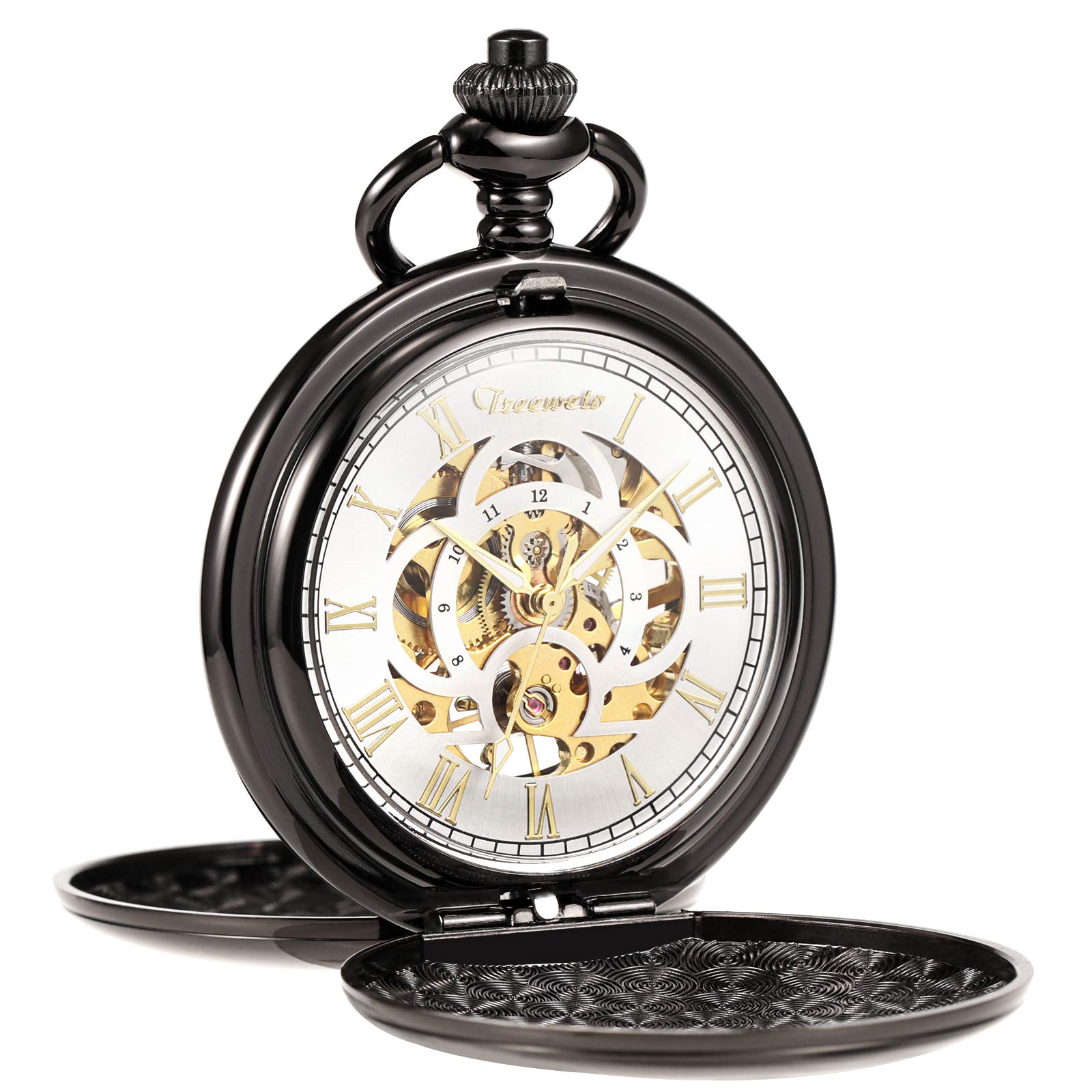 TREEWETO Retro glad klassiek mechanisch zakhorloge met handmatige opwinding Steampunk Romeinse cijfers zakhorloge voor heren dames met kettingdoos, zwart