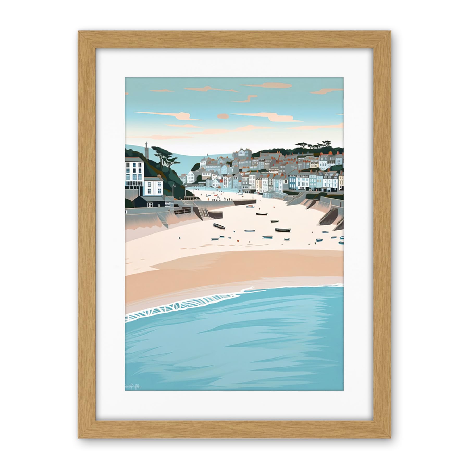 Artery8 St Ives Bay Summer Pastel Colour Coastal Cityscape Artwork Framed Wall Art Print 18X24 Inch