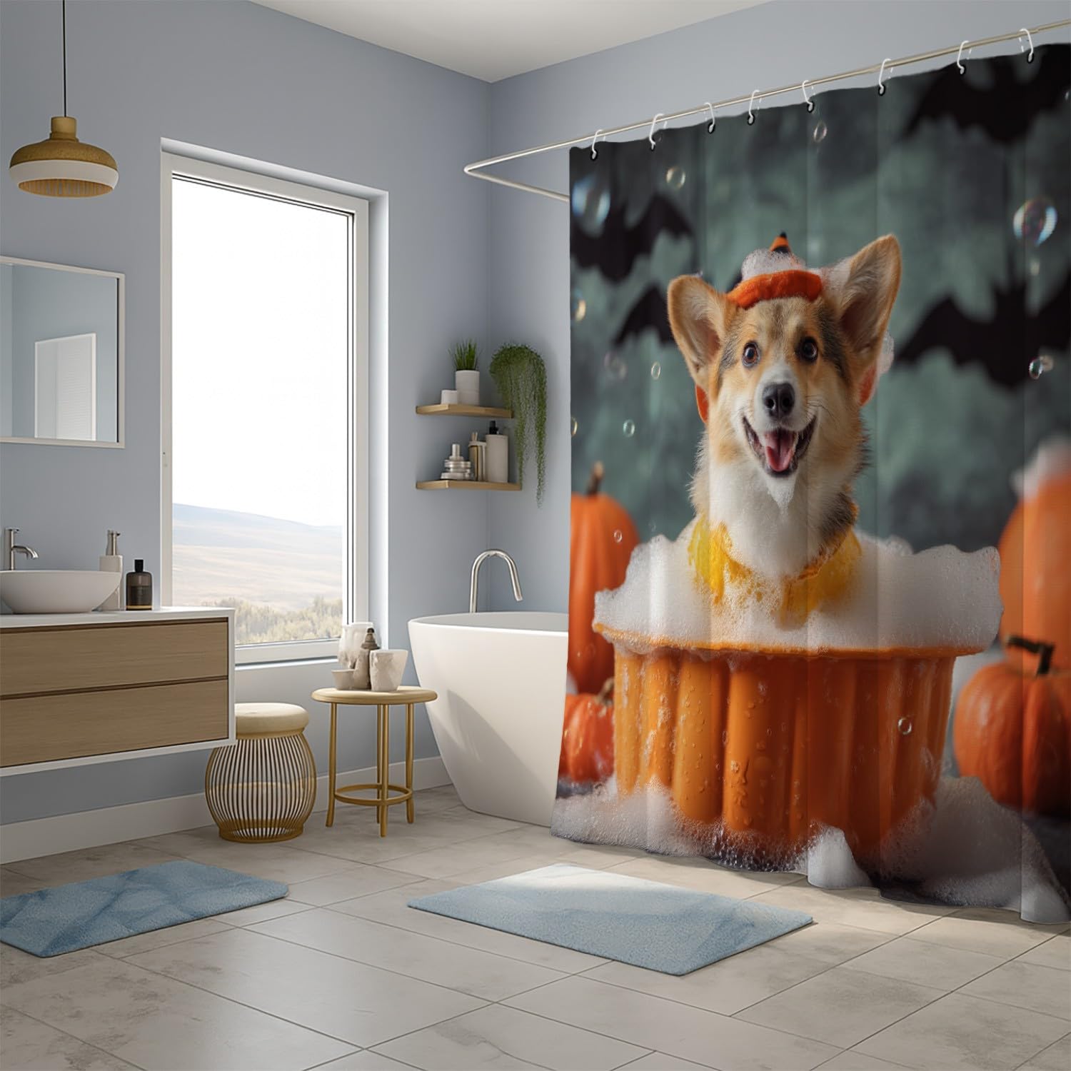 Generico Zasłona prysznicowa 200 x 200 cm, 1 sztuka, miękka mikrofibra, wodoodporna i odporna na pleśń, zmywalna, do łazienki lub wanny, z oczkami i haczykami, pomarańczowa, zwierzęta do kąpieli dla