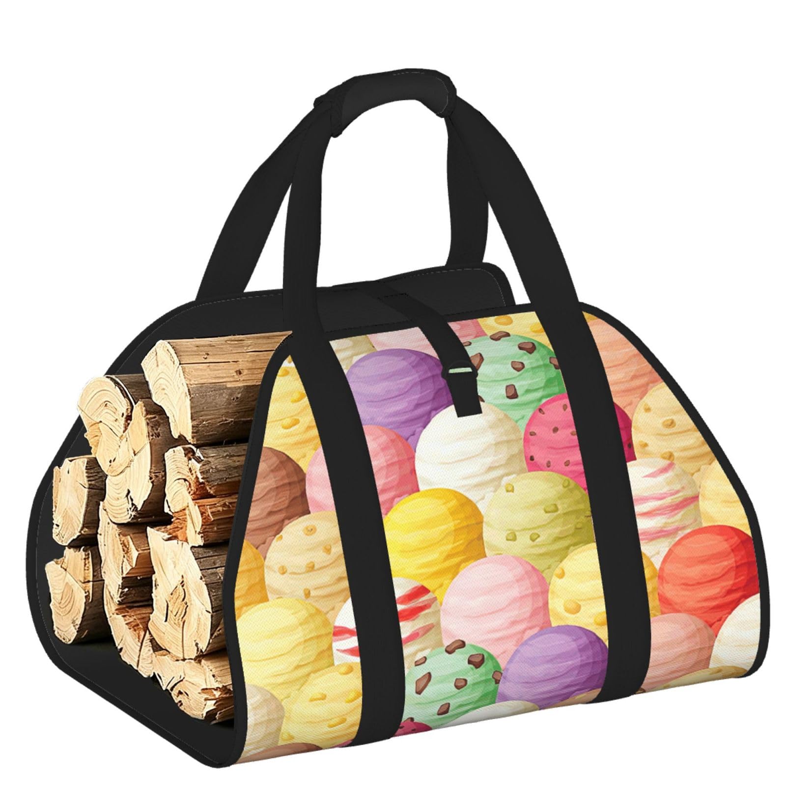 Ice Cream Printed Firewood Carrier Bag, Log Tote with Open-Ended Design for Camping Outdoor Wood Hauling