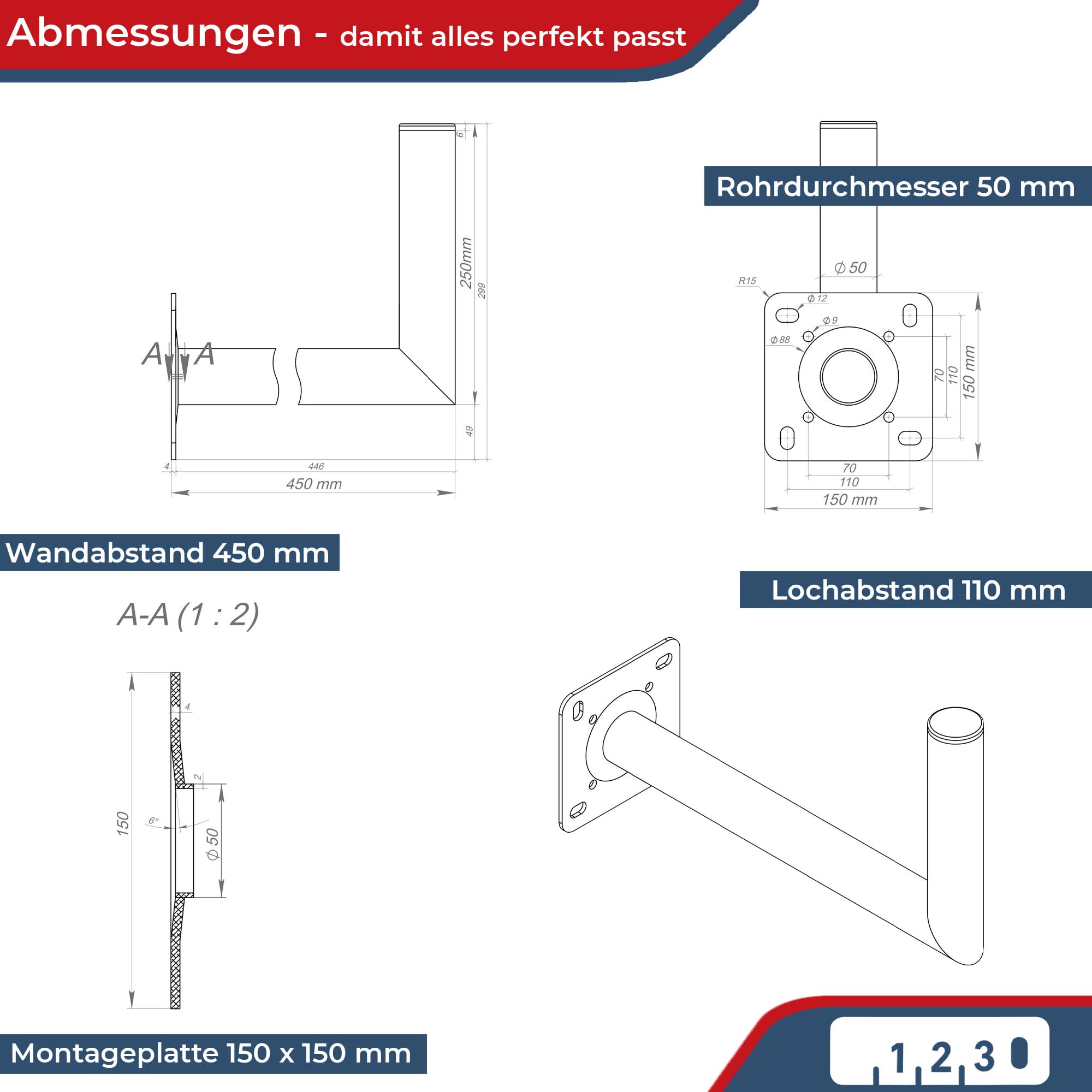 Premium X 45 cm uchwyt ścienny aluminiowy SAT uchwyt ścienny do anteny satelitarnej aluminiowy uchwyt ścienny 450 mm