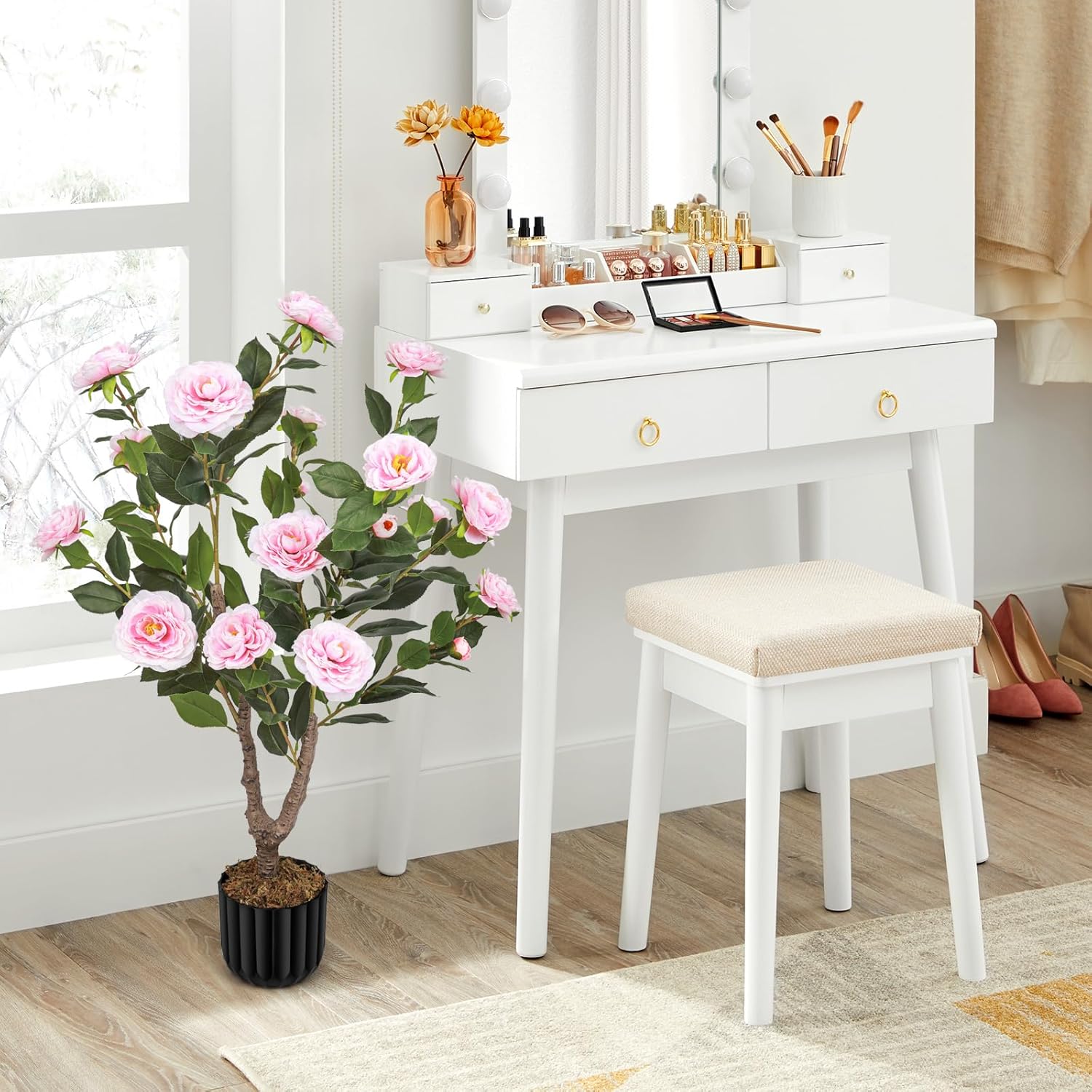 Artificial Camellia Tree for Indoor and Outdoor, Faux Flower Tree Plant in Pot Fake Topiaries for Home Front Porch Decor(2, Pink)