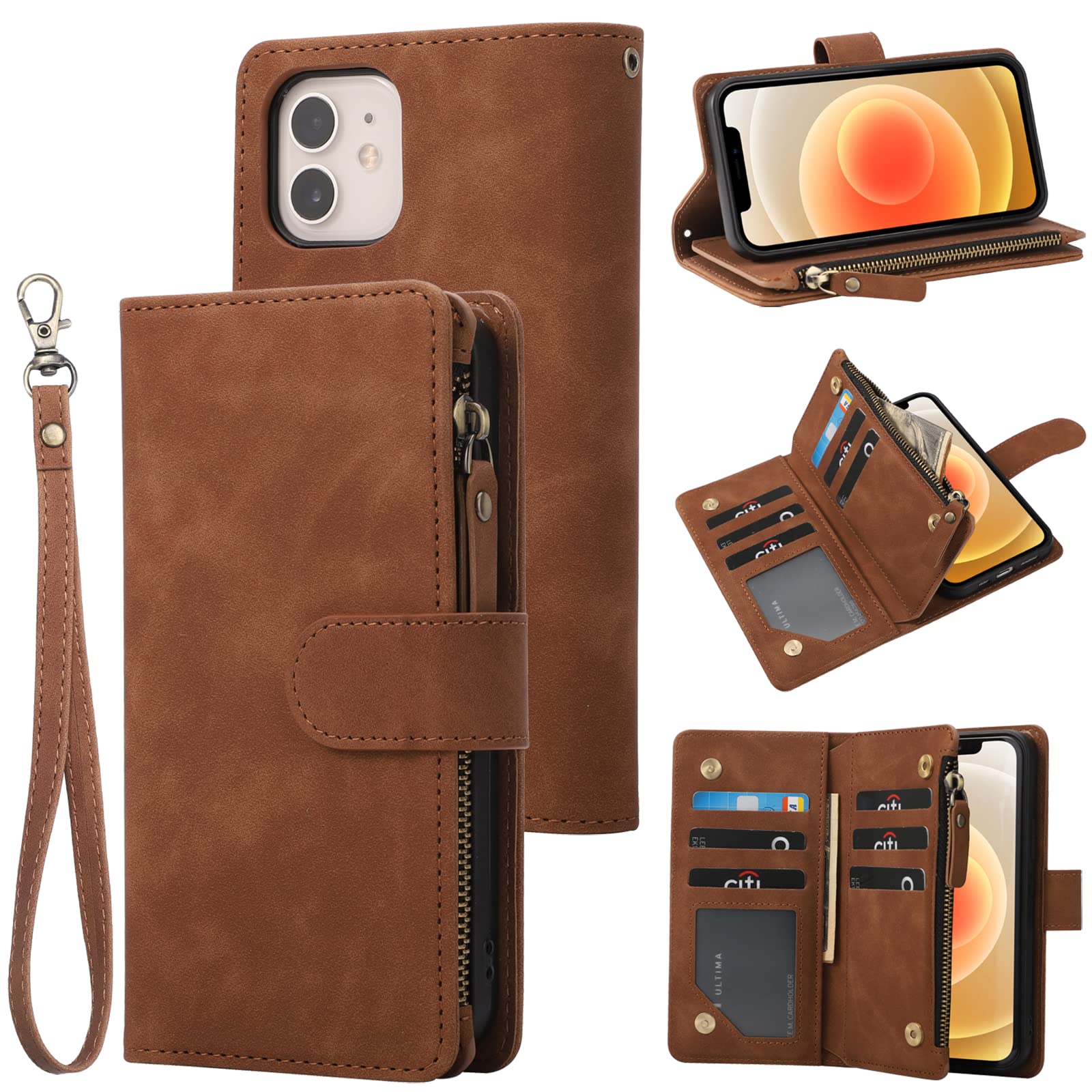 RANYOK Wallet Case Compatible with iPhone 12/12 Pro (6.1 inch), Premium PU Leather Zipper Flip Folio Wallet RFID Blocking with Wrist Strap Kickstand