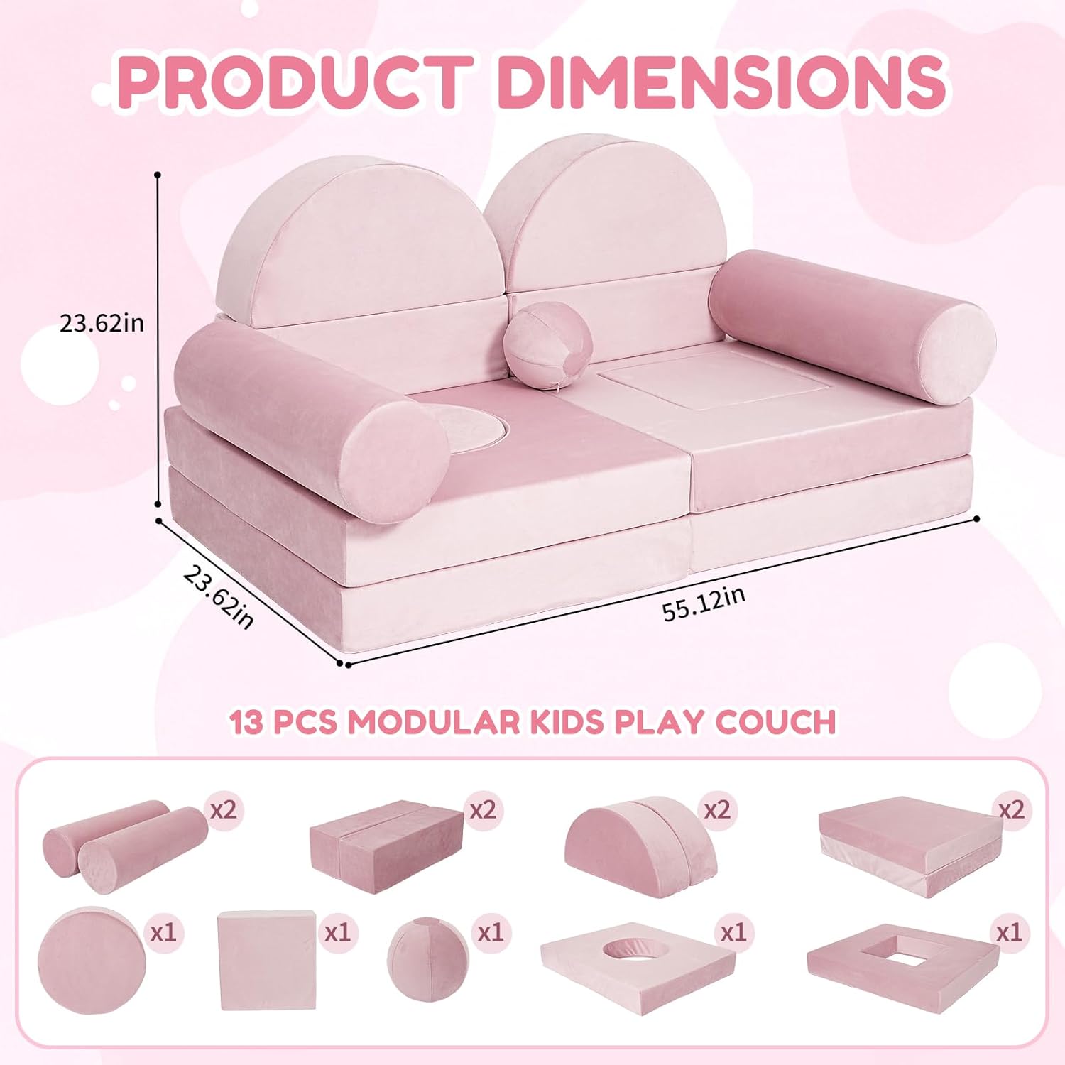 Modular Kids Play Couch 13Pcs Kids Sofa for Playroom, Bedroom, Nursery and Living Room Fold Out Sofa Bed Unlimited Creativity Sofas Convertible Play Fort
