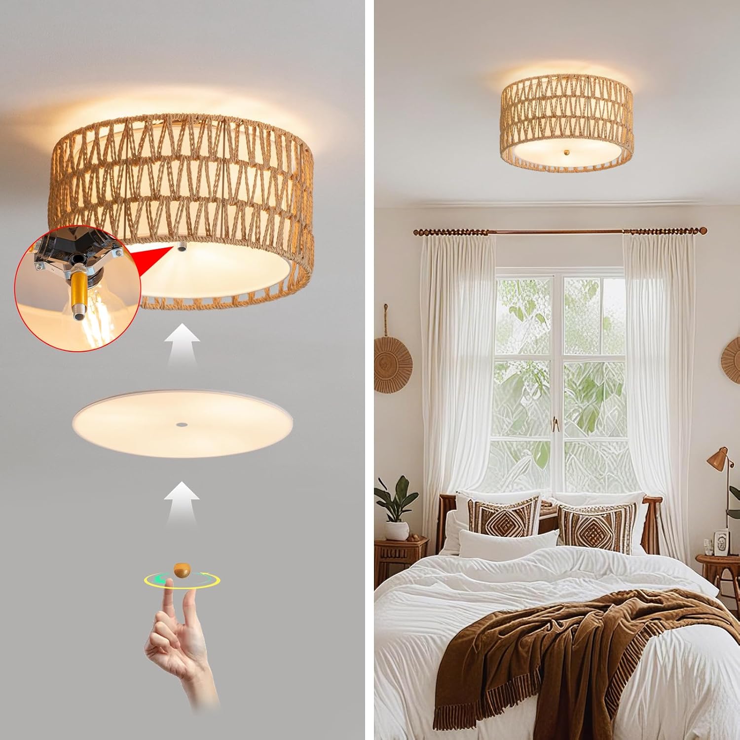 MODIVO 12.6in Boho Ceiling Light Fixture - 3-Light Flush Mount Modern Hand-Woven Rattan Ceiling Light for Bedroom Kitchen Hallway Living Room Dining Room Foyer Farmhouse 3 Bulbs Included