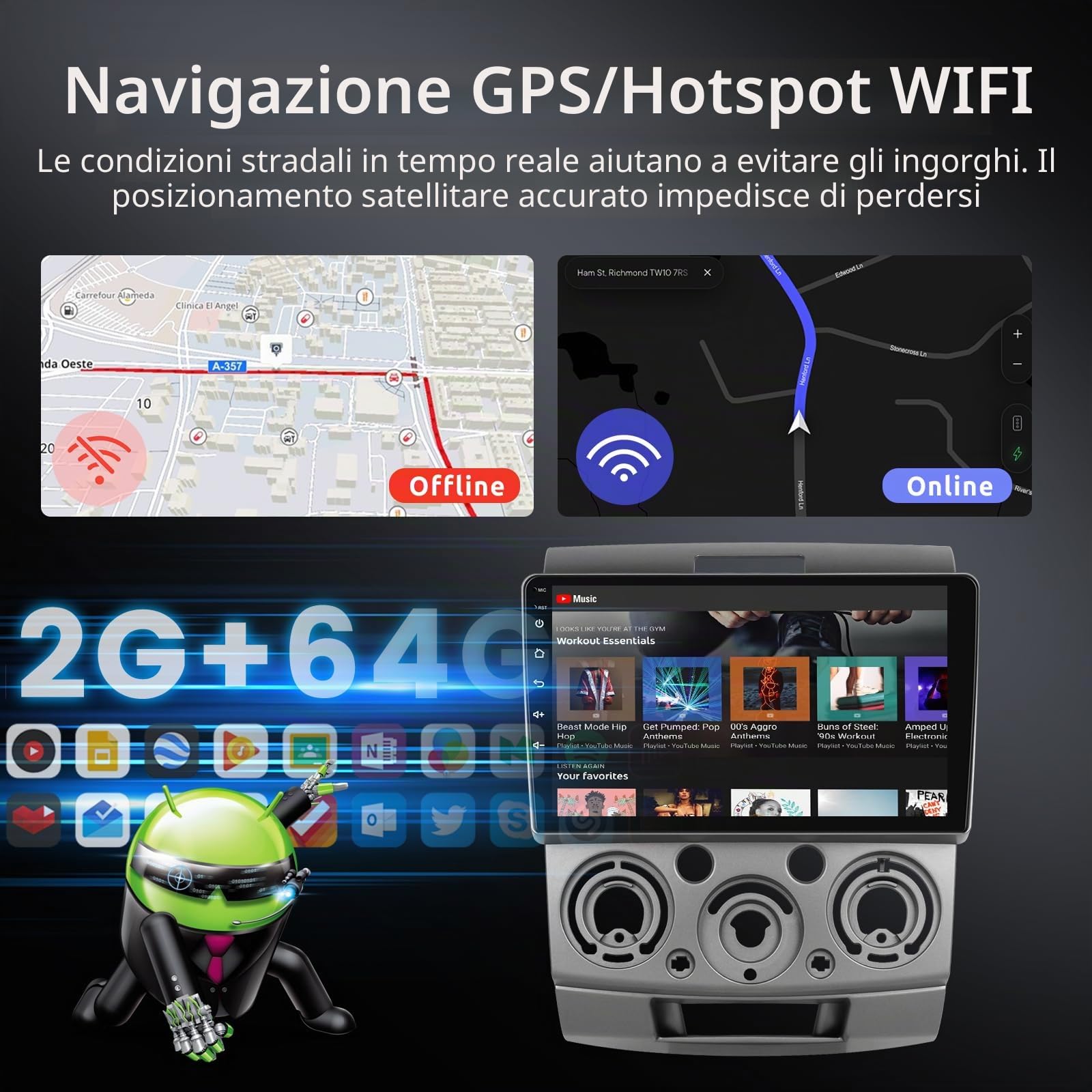 Hodozzy 2GB 64GB Android Autoradio per Ford Everest Ranger 2012-2017/Mazda BT50 BT-50 2006-2011 Wireless Carplay Android Auto, 9 Pollici Touchscreen Stereo GPS WiFi Bluetooth Radio FM/RDS Retromarcia