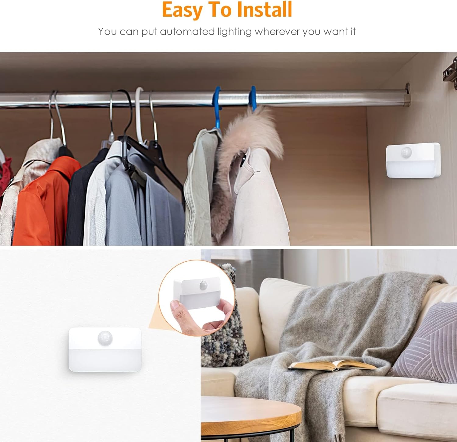 【6 Pack】Motion Sensor Night Light, Stick-On Motion Sensor Lights Indoor, Battery Powered Under Cabinet Kitchen Lights with Adhesive Pads, Auto/On/Off for Cupboard Wardrobe Stair Kitchen Warm White