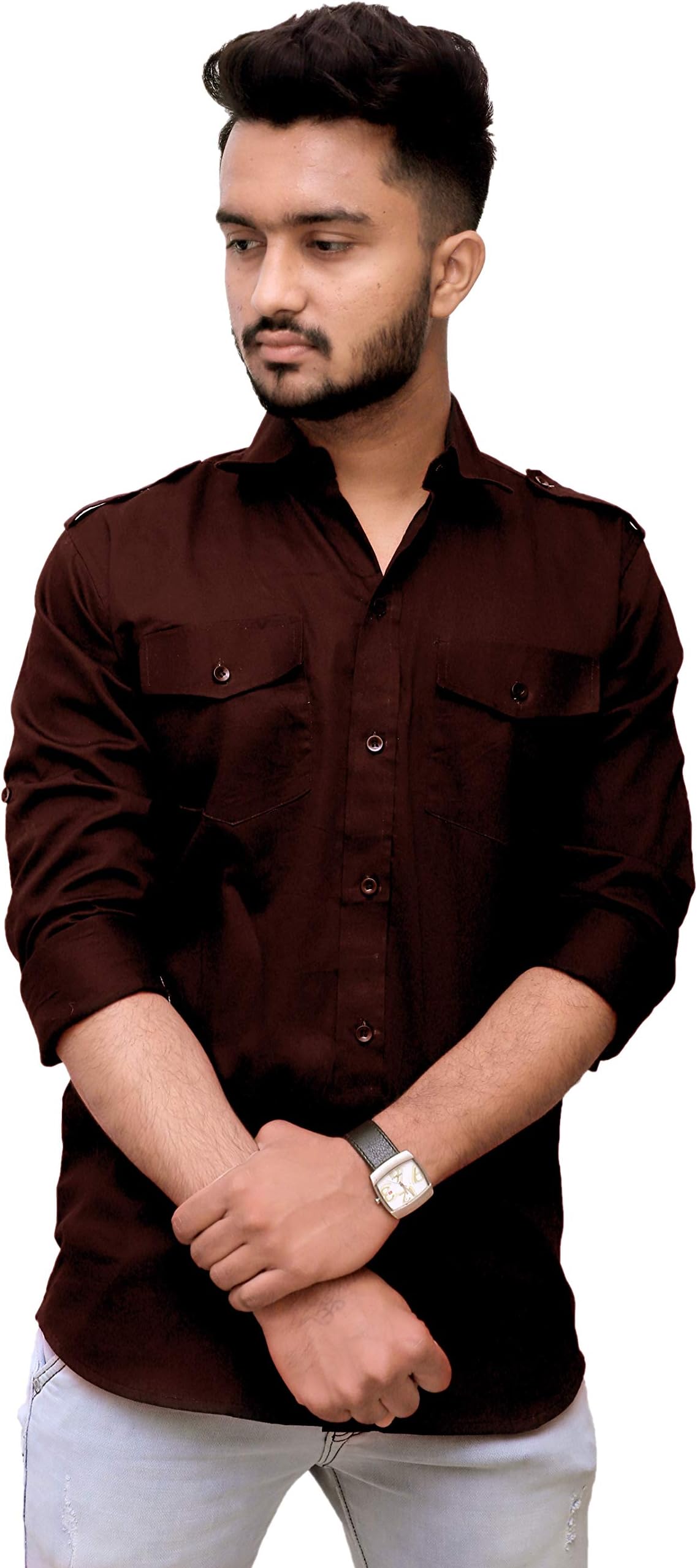 REBANTA Mens Casual Shirt Plain Double Pocket (Maroon, Pure Cotton)