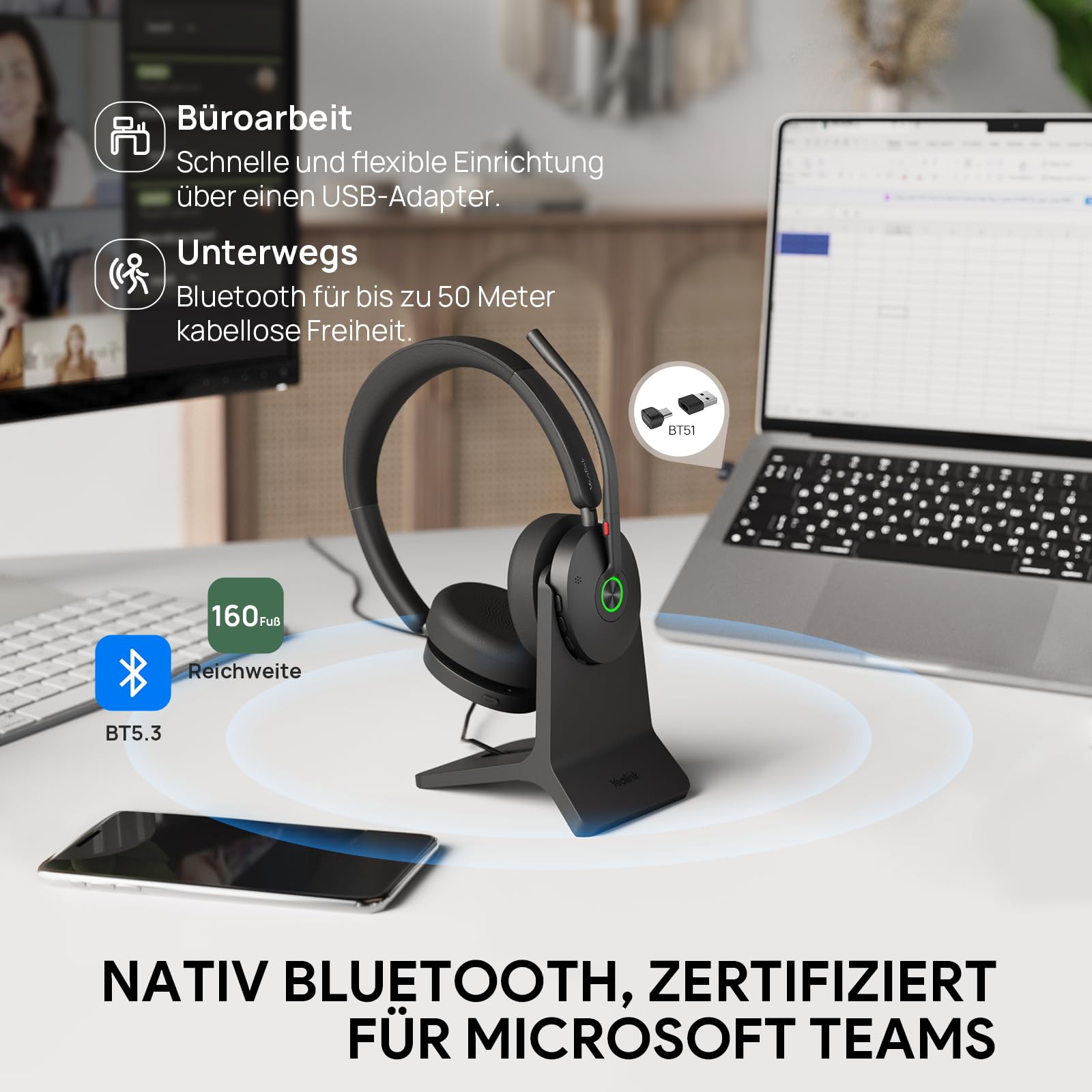 Yealink BH74 ANC Kabelloses Headset mit Mikrofon, 6-mics KI-Geräuschunterdrückung, Flip to Mute& Dongle, 32 Stunden Sprechzeit,Teams Zertifiziert, Komfort Business Kopfhörer für Homeoffice, Callcenter