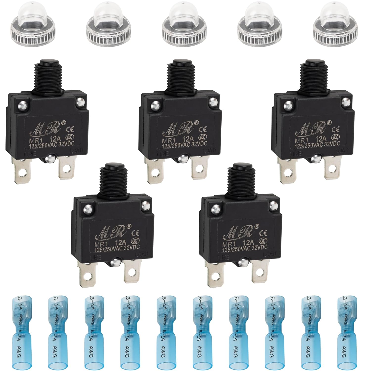 BlueStars 5 Packs 12Amp Thermal Circuit Breaker 125/250V AC 32V DC - Overload Protector with Push Button Manual Reset, Quick Connect Terminals, Waterproof Button Caps Kit