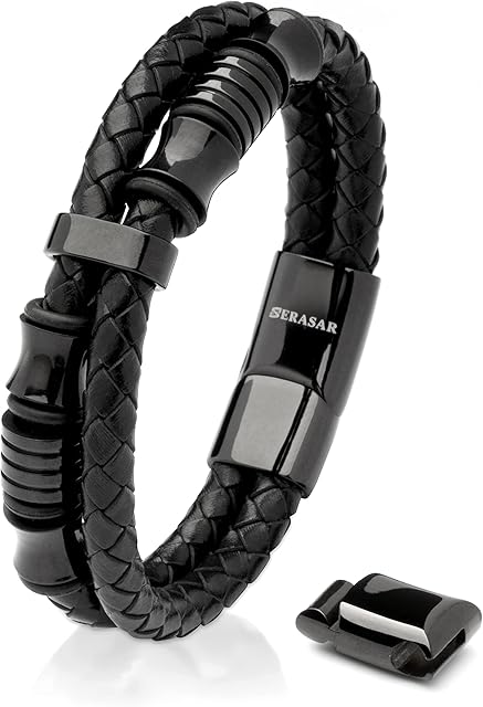 SERASAR | Premium Genuine Leather Bracelet For Men in Black | Magnetic Stainless Steel Clasp in Black, Silver and Gold | Exclusive Jewellery Box | Great Gift Idea
