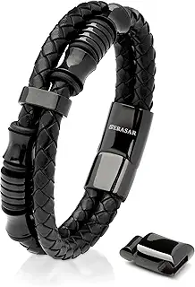 [SERASAR] プレミアムレザーブレスレット 男性用｜ステンレススチール磁気ロック ブラック シルバー ゴールド｜ジュエリーボックス｜ギフトに最適
