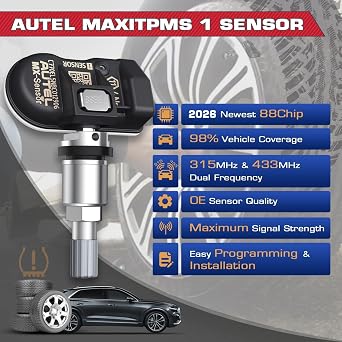 Autel TPMS Sensor 1-Sensor, MX-Sensor 315MHz + 433MHz Metal Valve, Programmable OEM Quality Universal Tire Sensor Work with Autel TPMS Relearn Tool TS408S TS501 PRO TS508 TS508WF TS601 MK808S-TS