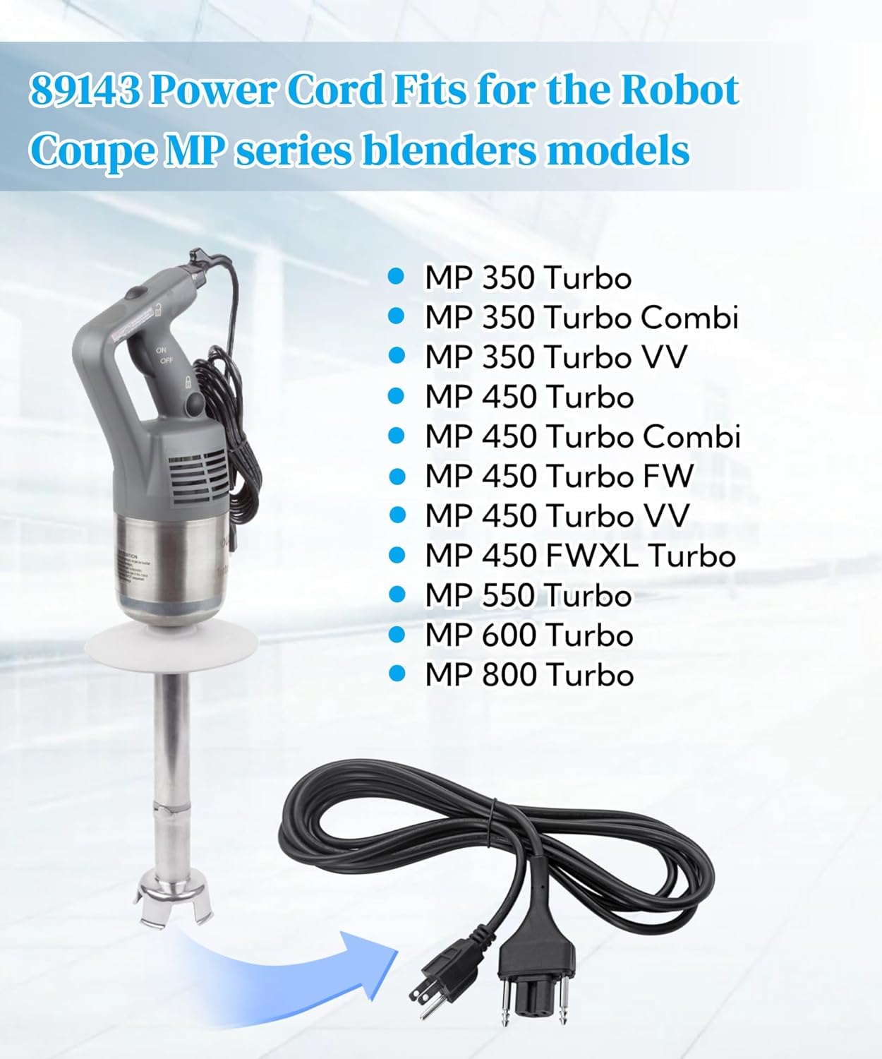 89143 Extended Blender Power Cord Replacement Parts Fits for Robot Coupe MP Series MP350 MP450 MP550 MP600 MP800 Immersion Blender,150’’