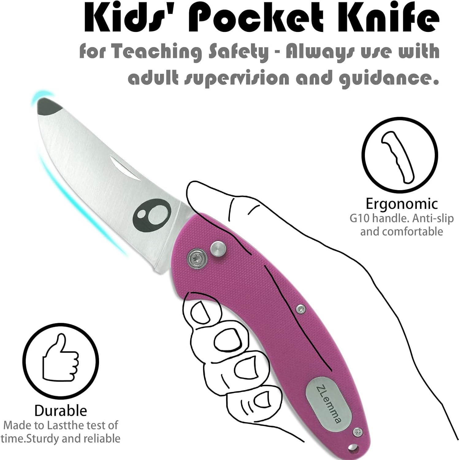 Kids Pocket Knife with Clip & Safe Rounded Tip for Boy First Knife, Toddler Starter folding Knives with Japanese 420J2 Stainless Steel Sharpened Blade & Durable G10 Handle (Pink)