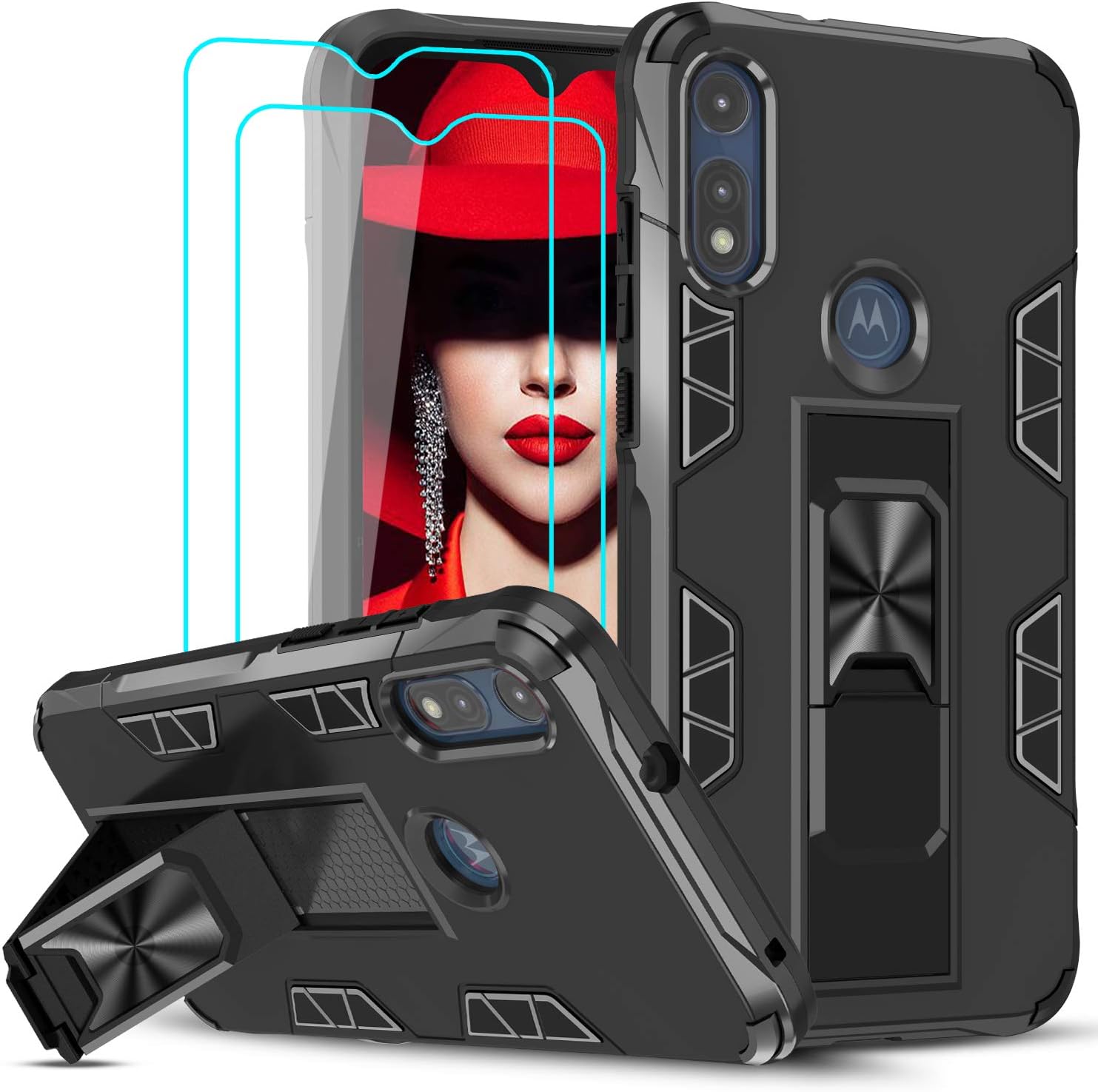 LeYi Compatible with Moto E Phone Case, Motorola Moto E Case with Tempered Glass Screen Protector [2Pack], Military-Grade Shockproof Built-in Kickstand Car Mount Phone Cover Case for Moto E 2020,Black